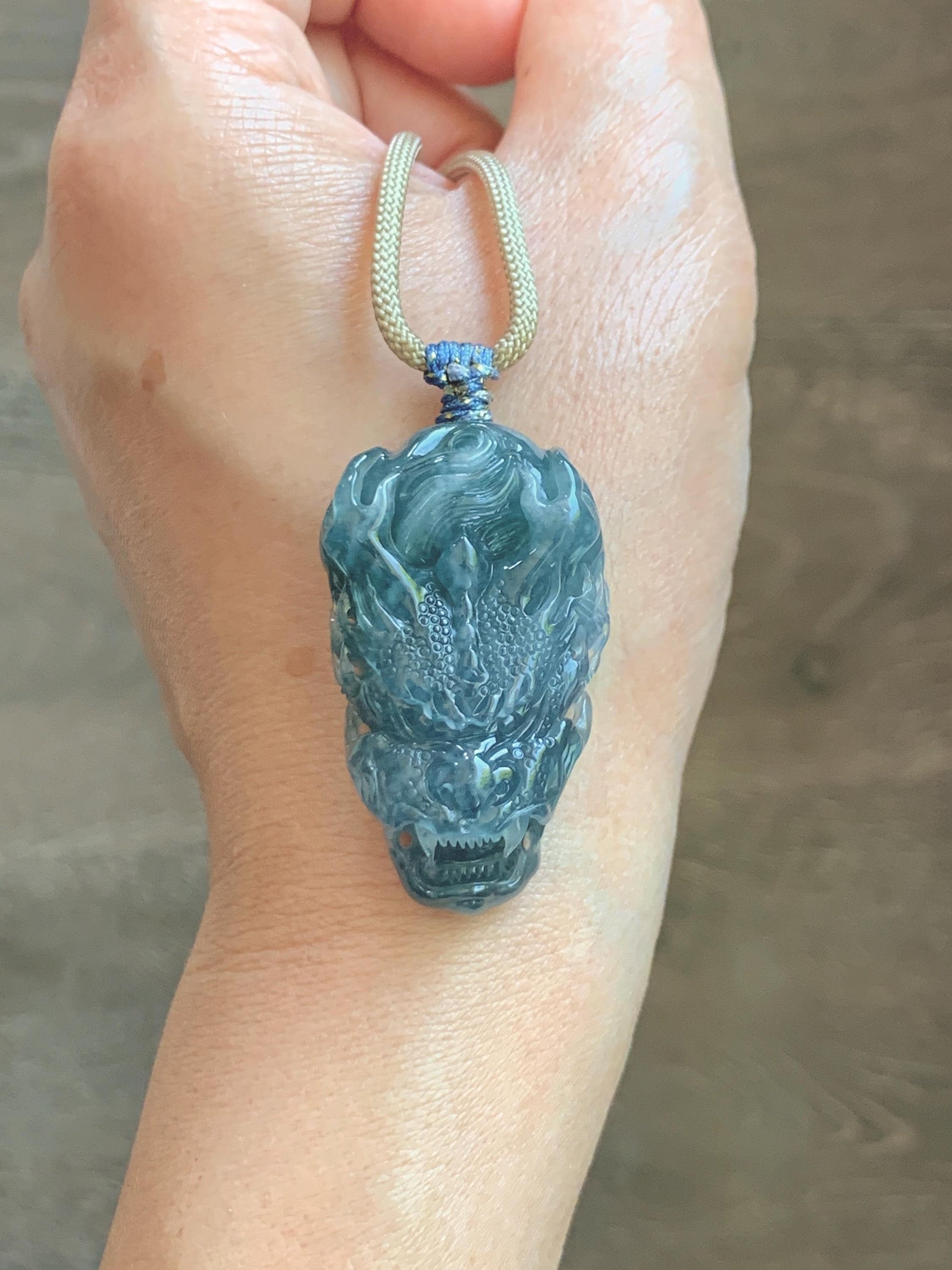 Natural Grade A Guatemalan Icy Translucent Dark Teal Blue Jade Jadeite Carved Dragon Pendant Rope Necklace 24" 24g 天然冰危灰蓝翡翠精工龙头吊坠 WLT330B
