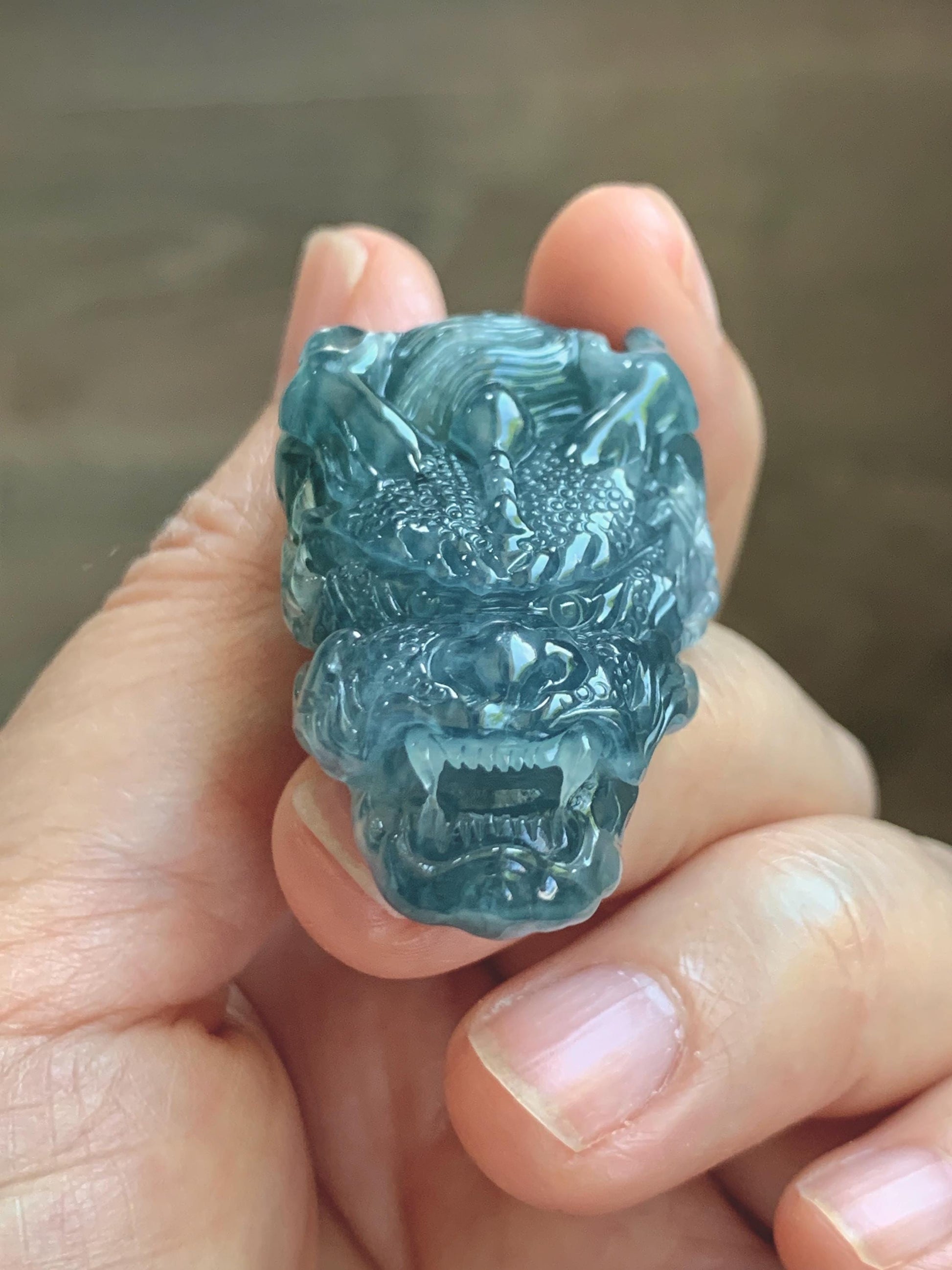 Natural Grade A Guatemalan Icy Translucent Dark Teal Blue Jade Jadeite Carved Dragon Pendant Rope Necklace 24" 24g 天然冰危灰蓝翡翠精工龙头吊坠 WLT330B