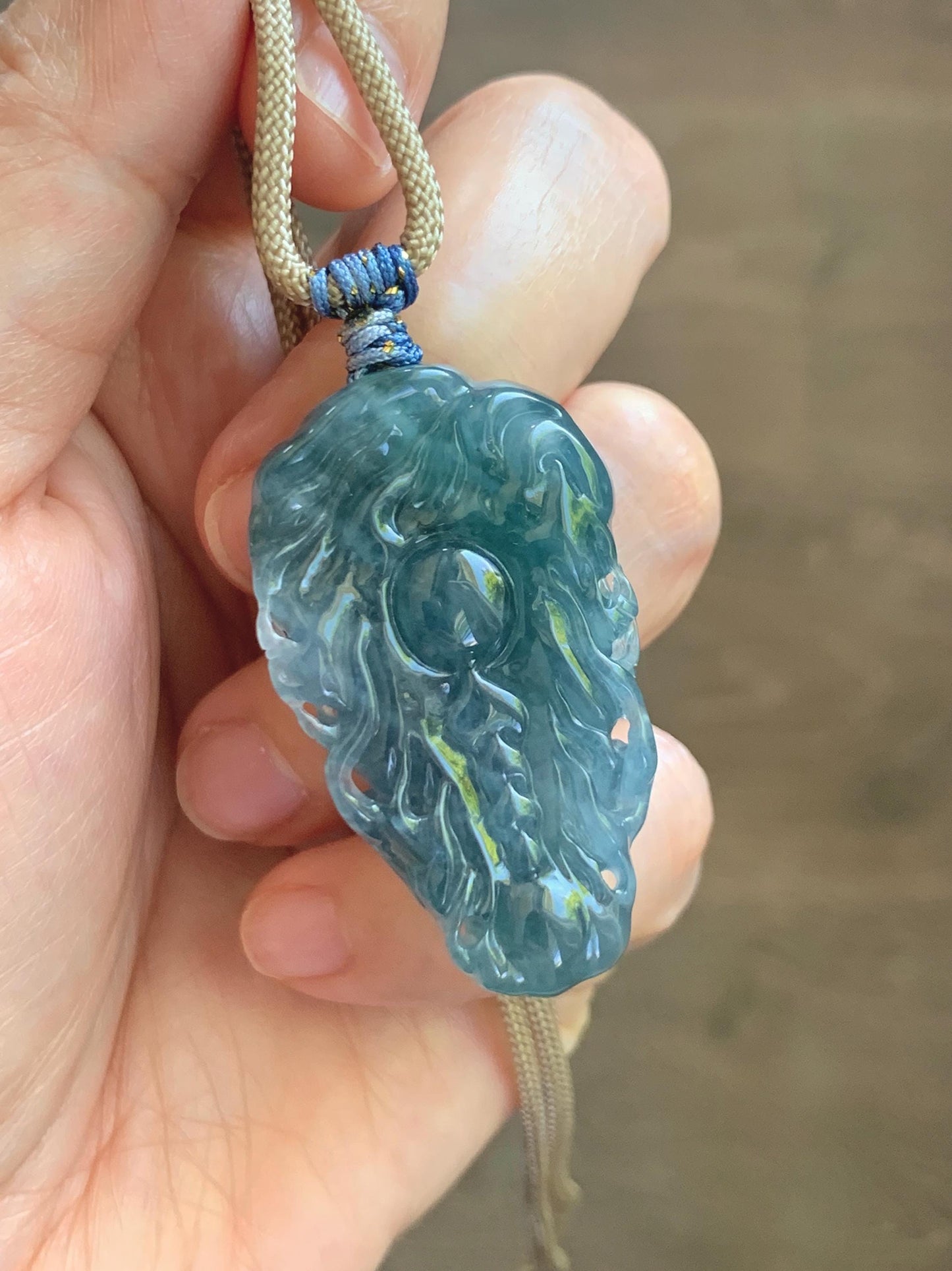 Natural Grade A Guatemalan Icy Translucent Dark Teal Blue Jade Jadeite Carved Dragon Pendant Rope Necklace 24" 24g 天然冰危灰蓝翡翠精工龙头吊坠 WLT330B