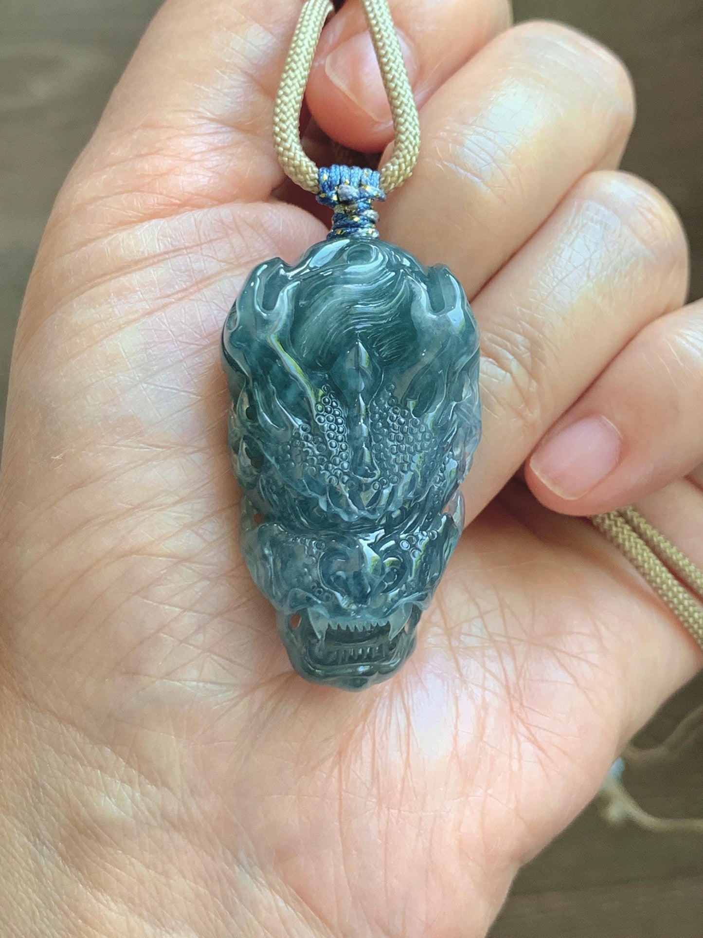 Natural Grade A Guatemalan Icy Translucent Dark Teal Blue Jade Jadeite Carved Dragon Pendant Rope Necklace 24" 24g 天然冰危灰蓝翡翠精工龙头吊坠 WLT330B