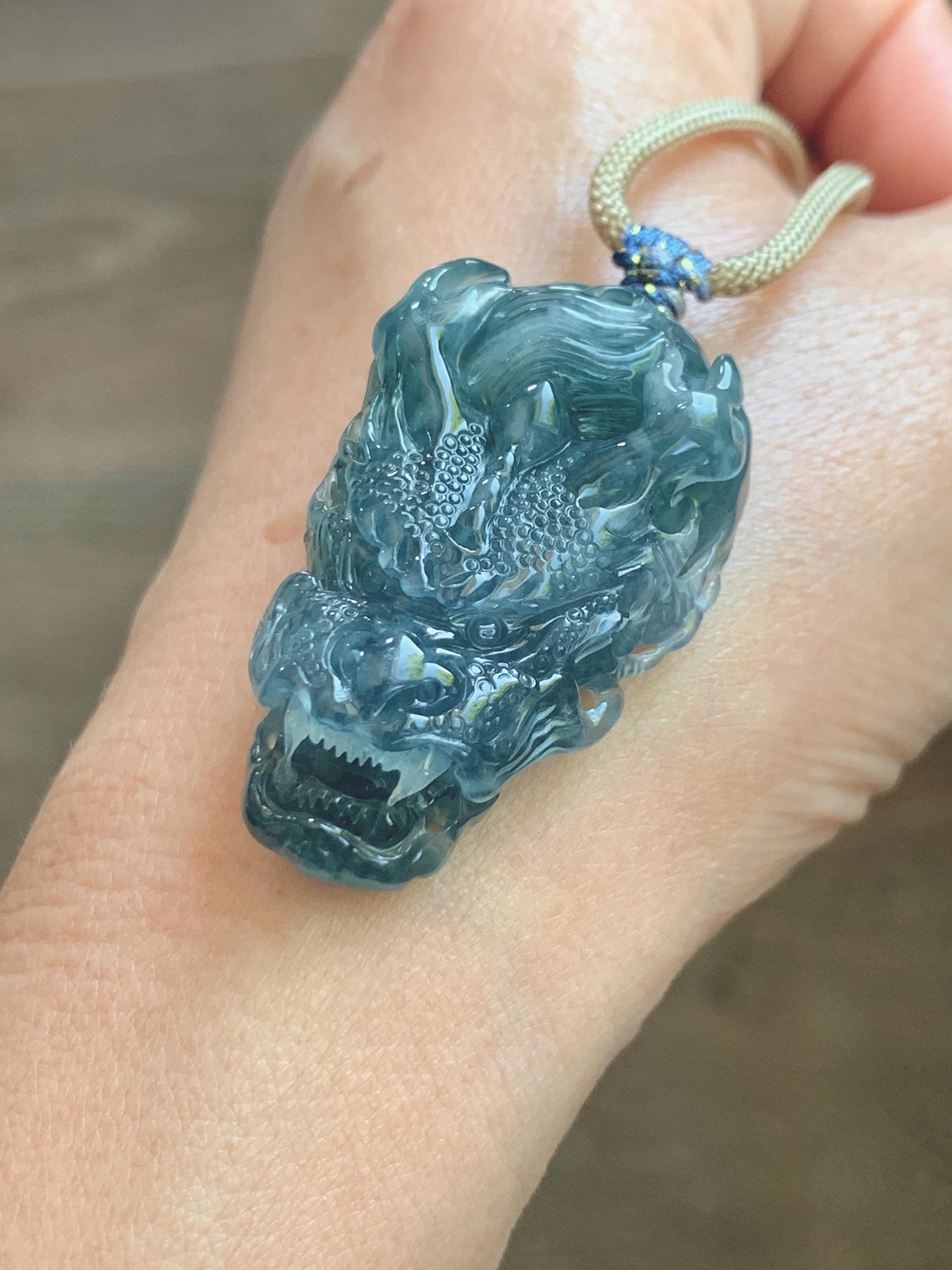 Natural Grade A Guatemalan Icy Translucent Dark Teal Blue Jade Jadeite Carved Dragon Pendant Rope Necklace 24" 24g 天然冰危灰蓝翡翠精工龙头吊坠 WLT330B