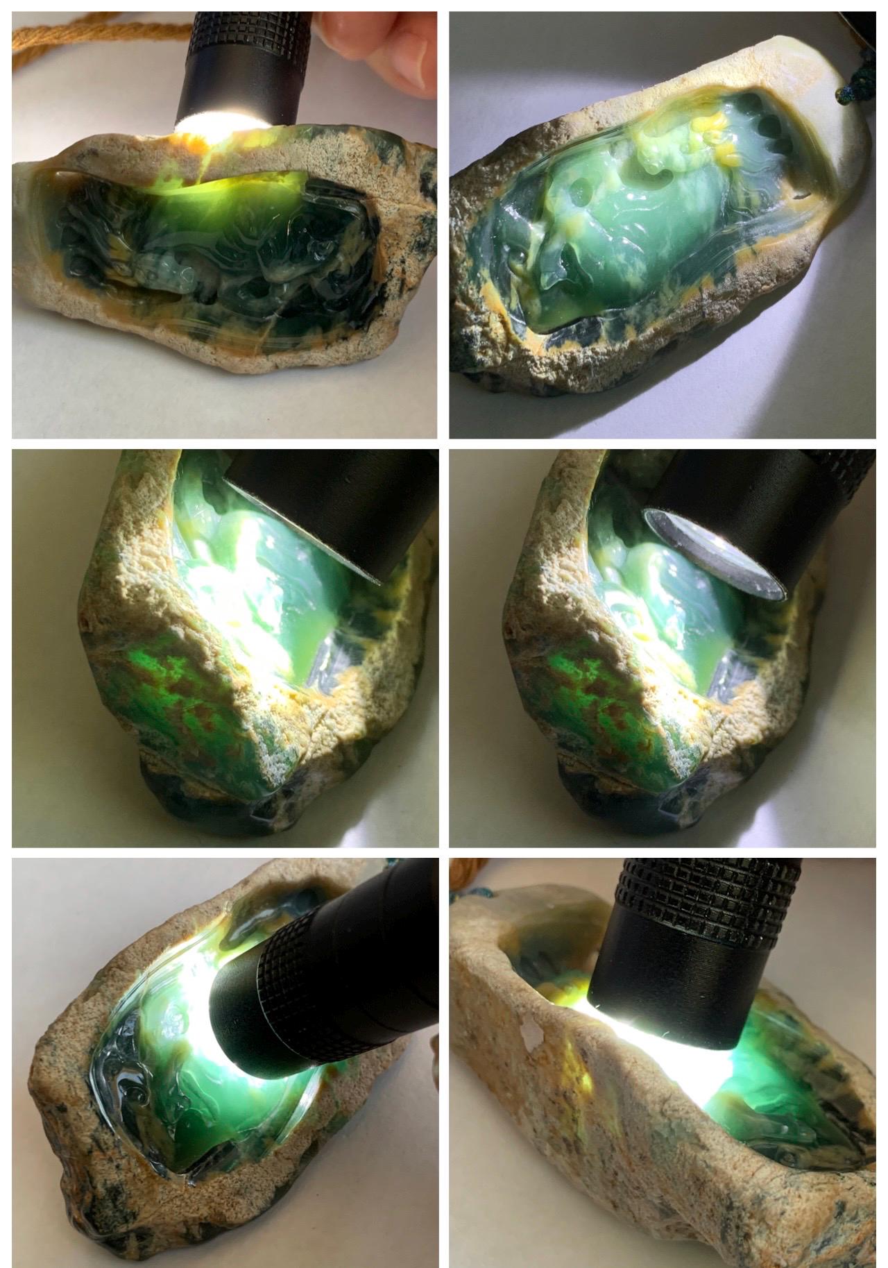 Natural Grade A Guatemalan Icy Dark Teal Blue Jade Jadeite with Rough Rind Carved Horse Pendant Rope Necklace 26" 47g 天然危蓝翡翠马牌皮壳料吊坠 WKM110