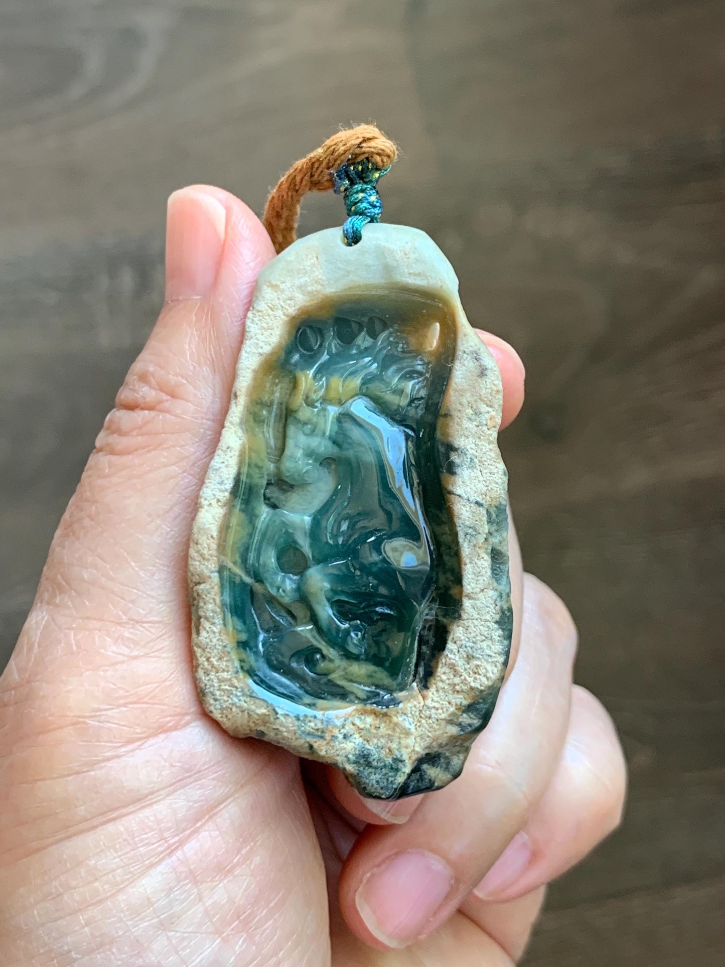 Natural Grade A Guatemalan Icy Dark Teal Blue Jade Jadeite with Rough Rind Carved Horse Pendant Rope Necklace 26" 47g 天然危蓝翡翠马牌皮壳料吊坠 WKM110