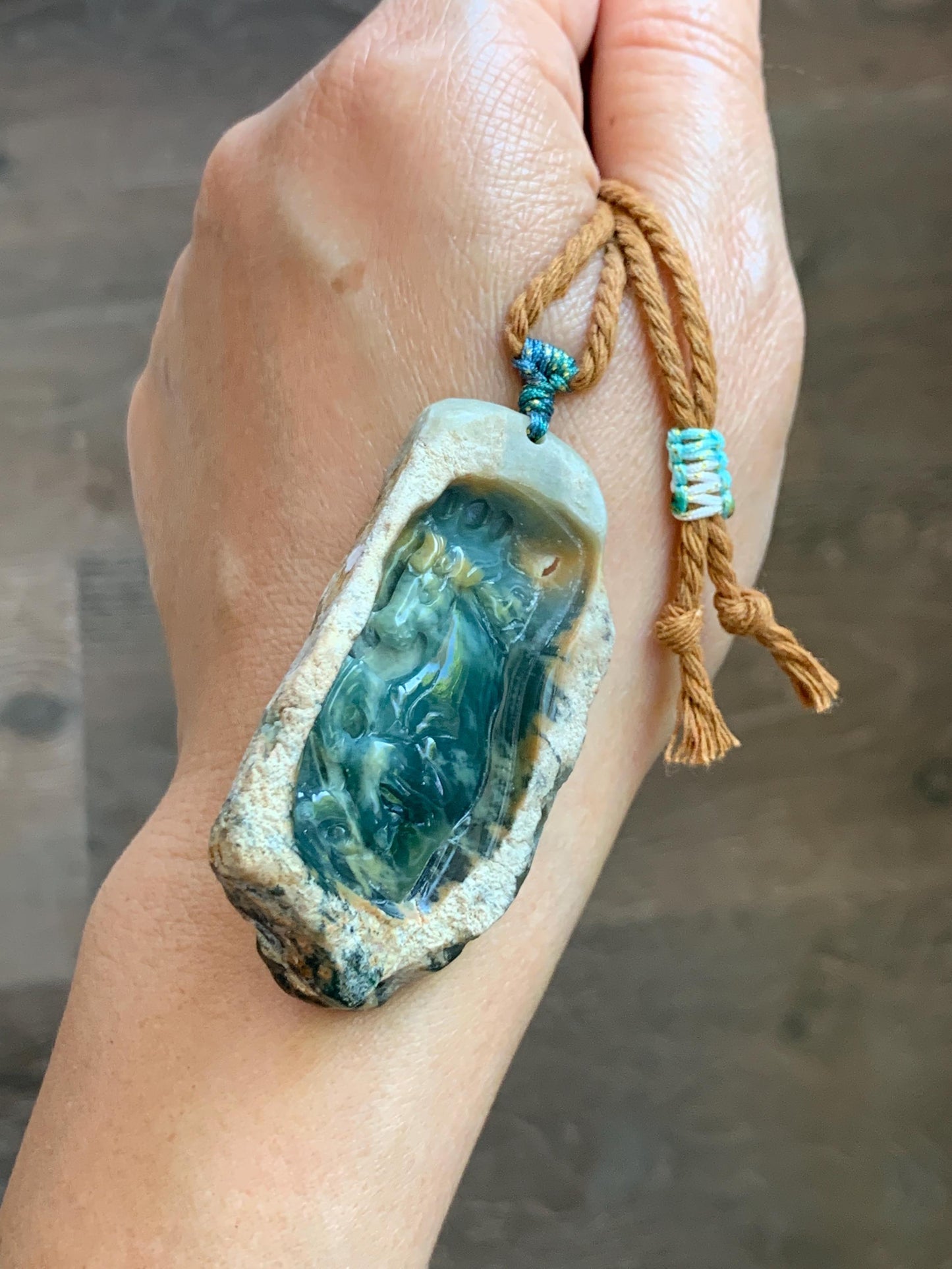 Natural Grade A Guatemalan Icy Dark Teal Blue Jade Jadeite with Rough Rind Carved Horse Pendant Rope Necklace 26" 47g 天然危蓝翡翠马牌皮壳料吊坠 WKM110