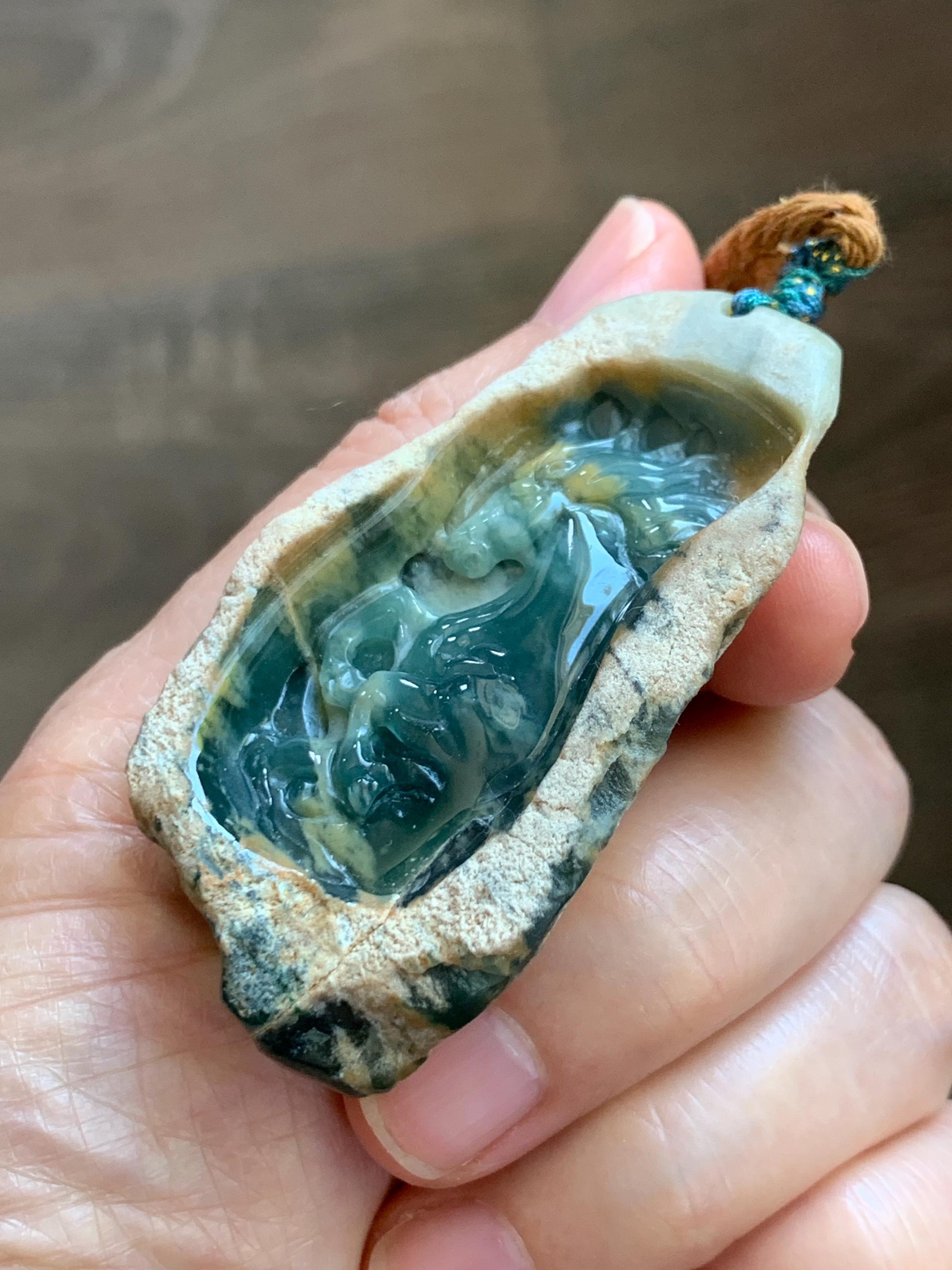 Natural Grade A Guatemalan Icy Dark Teal Blue Jade Jadeite with Rough Rind Carved Horse Pendant Rope Necklace 26" 47g 天然危蓝翡翠马牌皮壳料吊坠 WKM110