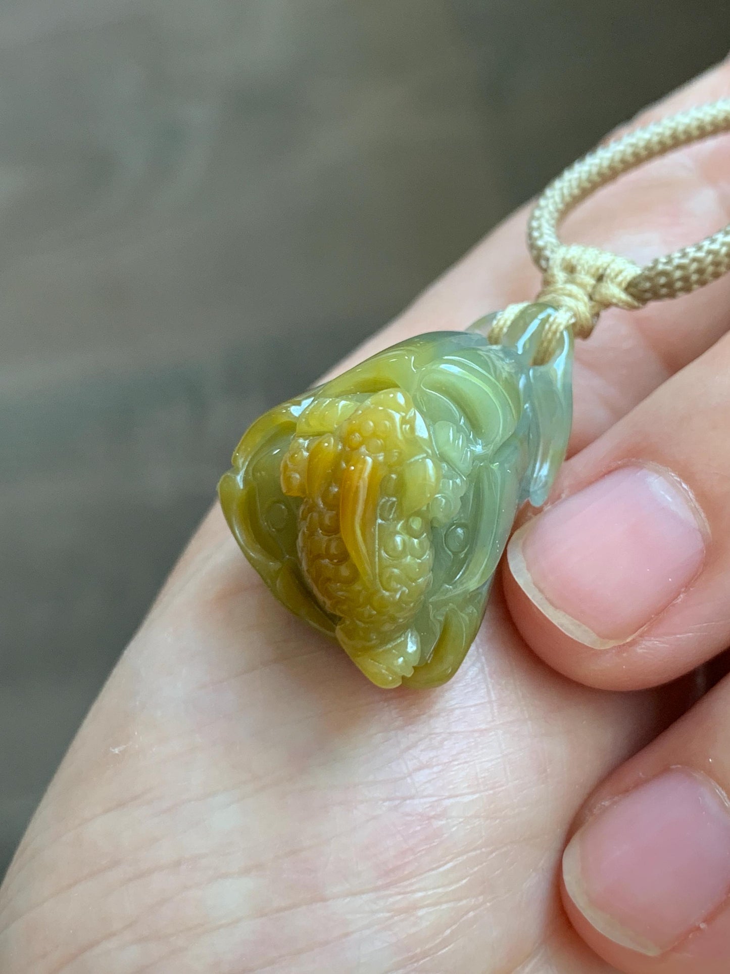Natural Grade A Guatemalan Icy Translucent Yellow Marbled Jade Jadeite Lotus Pod 3-Legged Toad Pendant Rope Necklace 25” 天然冰危黄翡翠莲蓬金蟾吊坠WHC150