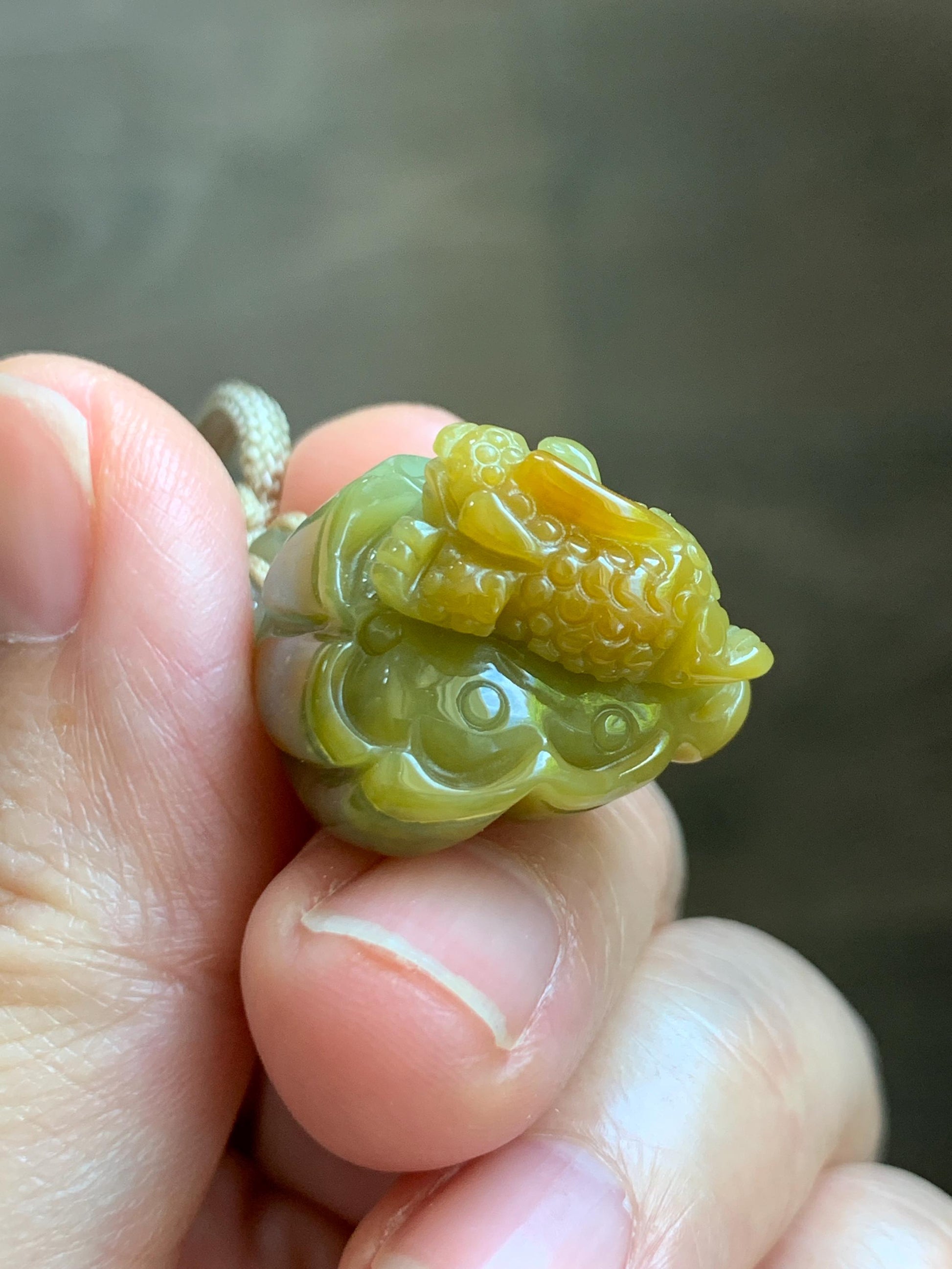 Natural Grade A Guatemalan Icy Translucent Yellow Marbled Jade Jadeite Lotus Pod 3-Legged Toad Pendant Rope Necklace 25” 天然冰危黄翡翠莲蓬金蟾吊坠WHC150