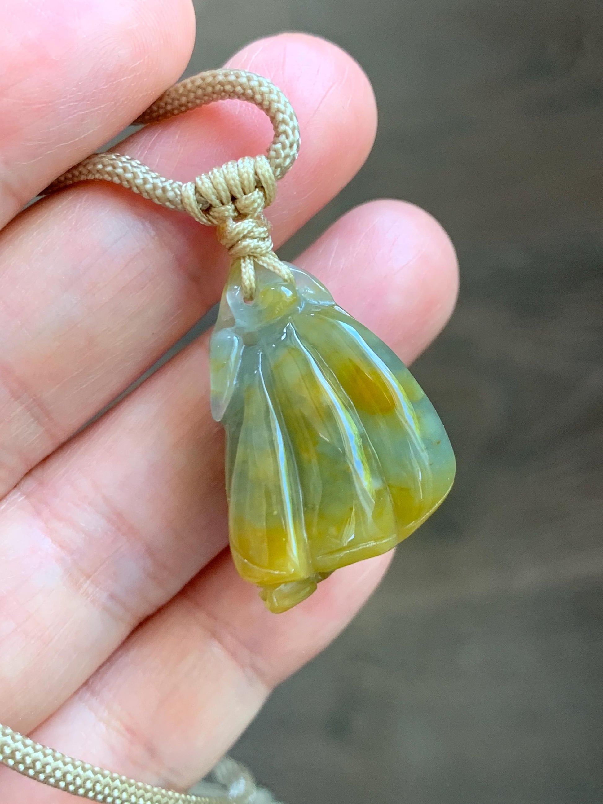 Natural Grade A Guatemalan Icy Translucent Yellow Marbled Jade Jadeite Lotus Pod 3-Legged Toad Pendant Rope Necklace 25” 天然冰危黄翡翠莲蓬金蟾吊坠WHC150