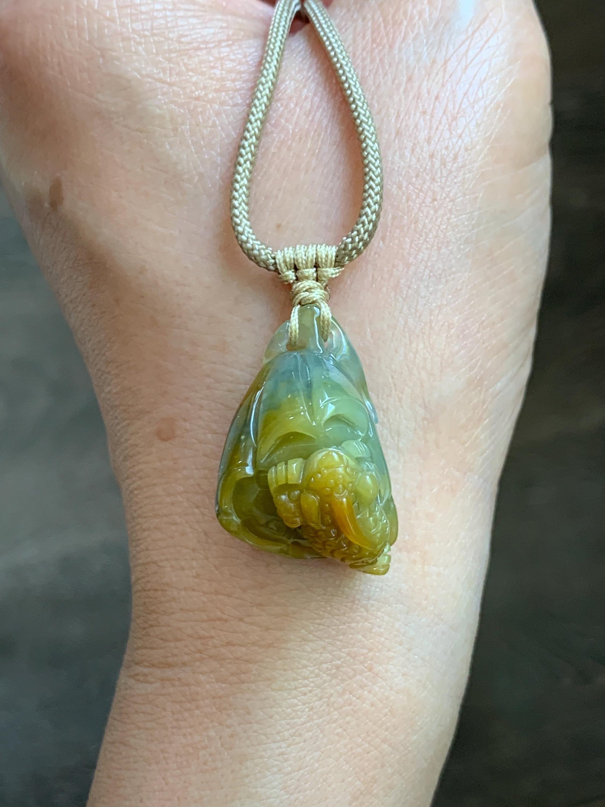 Natural Grade A Guatemalan Icy Translucent Yellow Marbled Jade Jadeite Lotus Pod 3-Legged Toad Pendant Rope Necklace 25” 天然冰危黄翡翠莲蓬金蟾吊坠WHC150