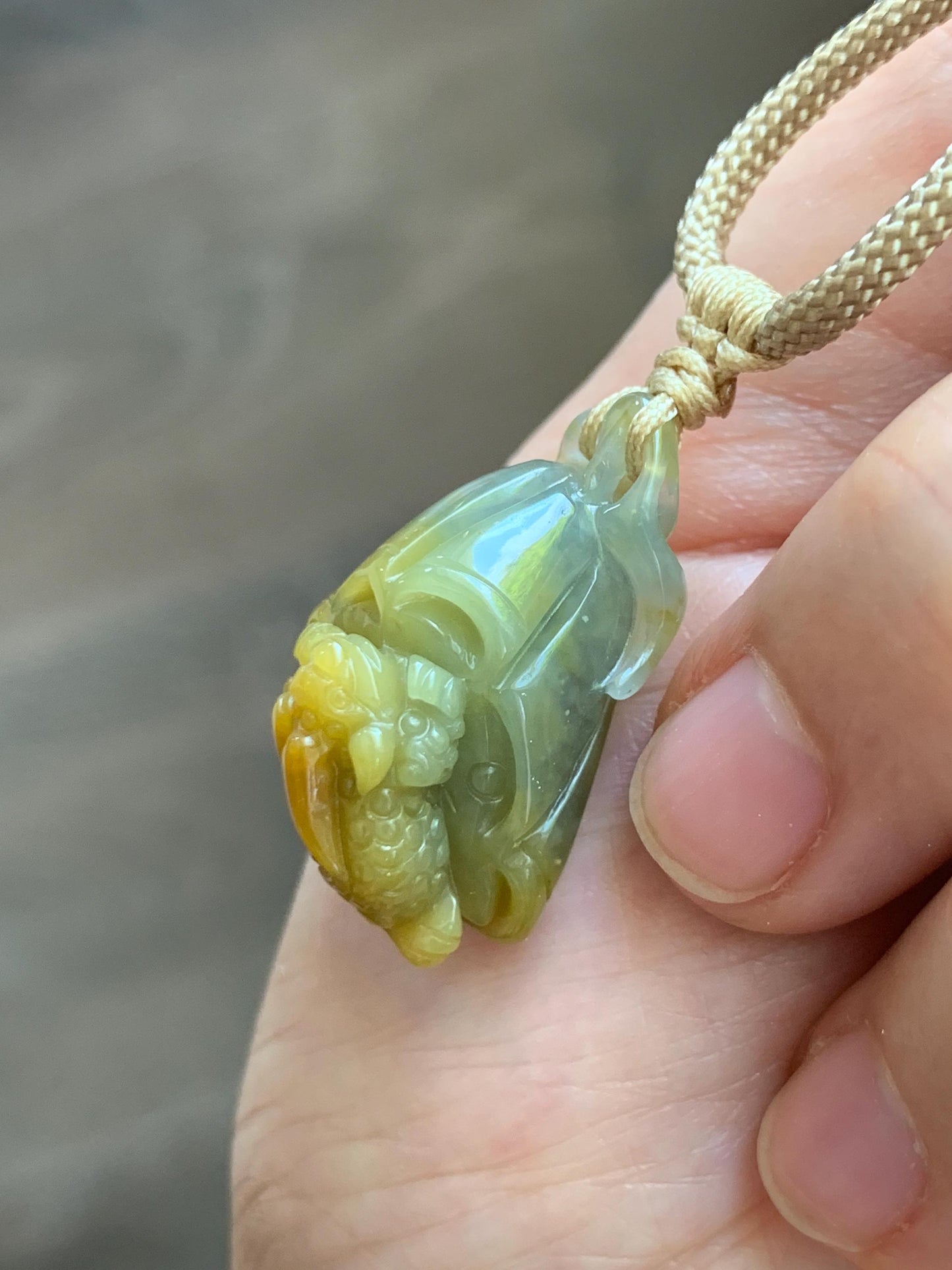Natural Grade A Guatemalan Icy Translucent Yellow Marbled Jade Jadeite Lotus Pod 3-Legged Toad Pendant Rope Necklace 25” 天然冰危黄翡翠莲蓬金蟾吊坠WHC150