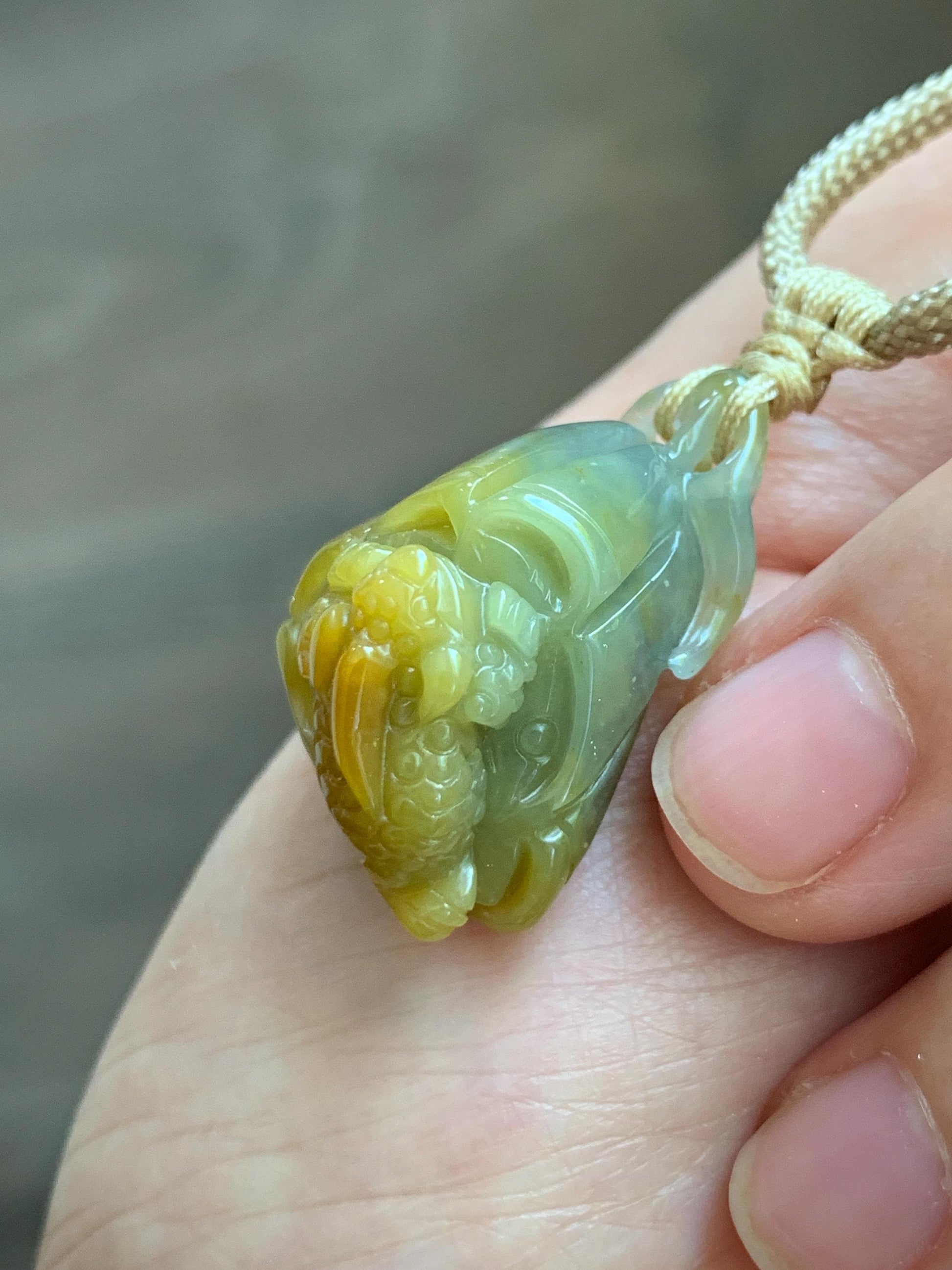 Natural Grade A Guatemalan Icy Translucent Yellow Marbled Jade Jadeite Lotus Pod 3-Legged Toad Pendant Rope Necklace 25” 天然冰危黄翡翠莲蓬金蟾吊坠WHC150