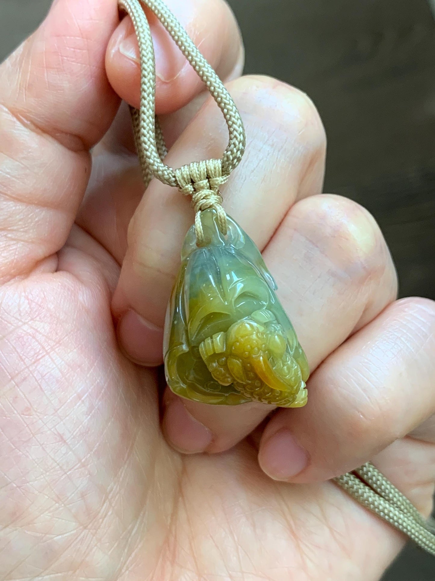 Natural Grade A Guatemalan Icy Translucent Yellow Marbled Jade Jadeite Lotus Pod 3-Legged Toad Pendant Rope Necklace 25” 天然冰危黄翡翠莲蓬金蟾吊坠WHC150