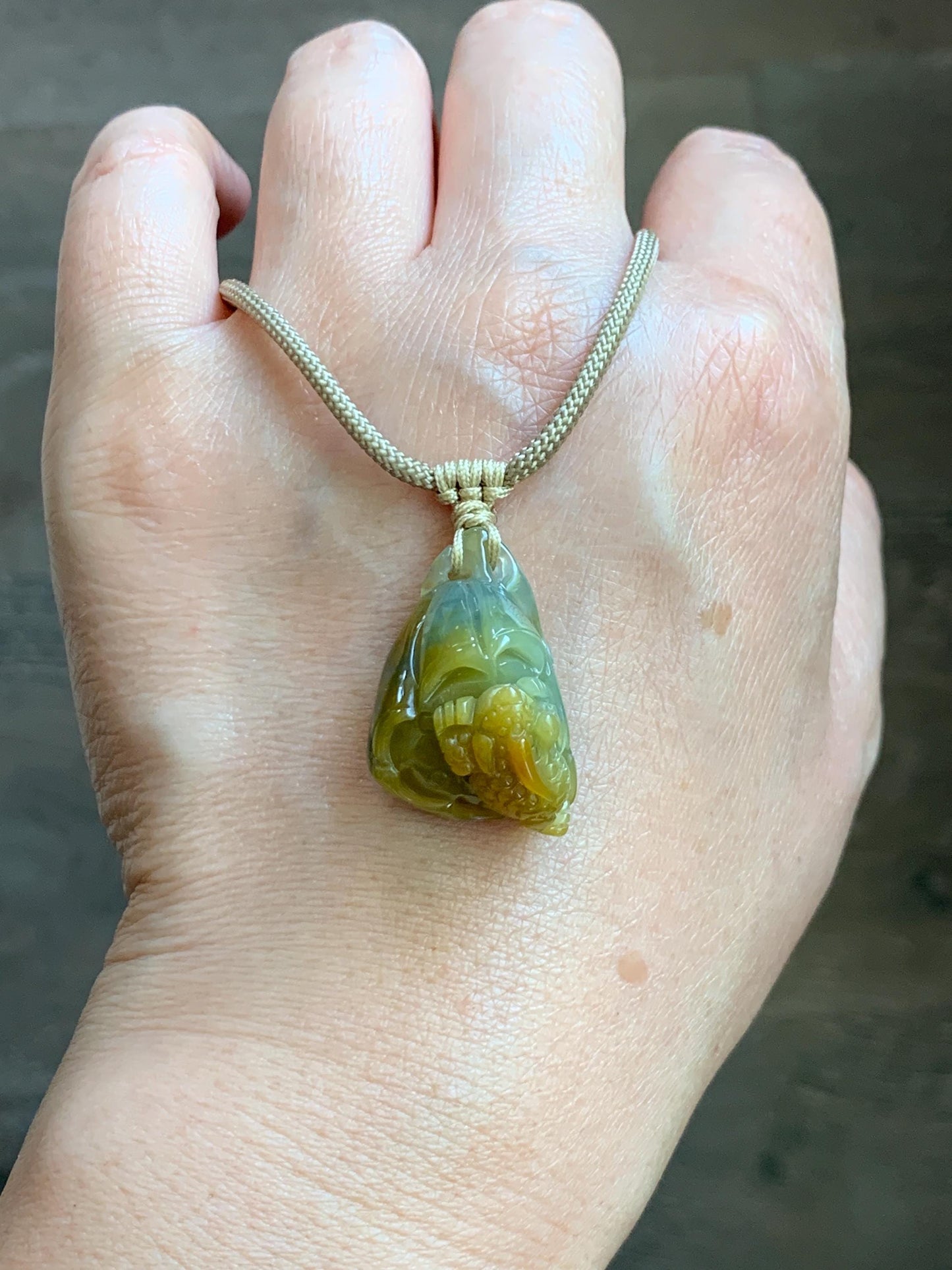 Natural Grade A Guatemalan Icy Translucent Yellow Marbled Jade Jadeite Lotus Pod 3-Legged Toad Pendant Rope Necklace 25” 天然冰危黄翡翠莲蓬金蟾吊坠WHC150