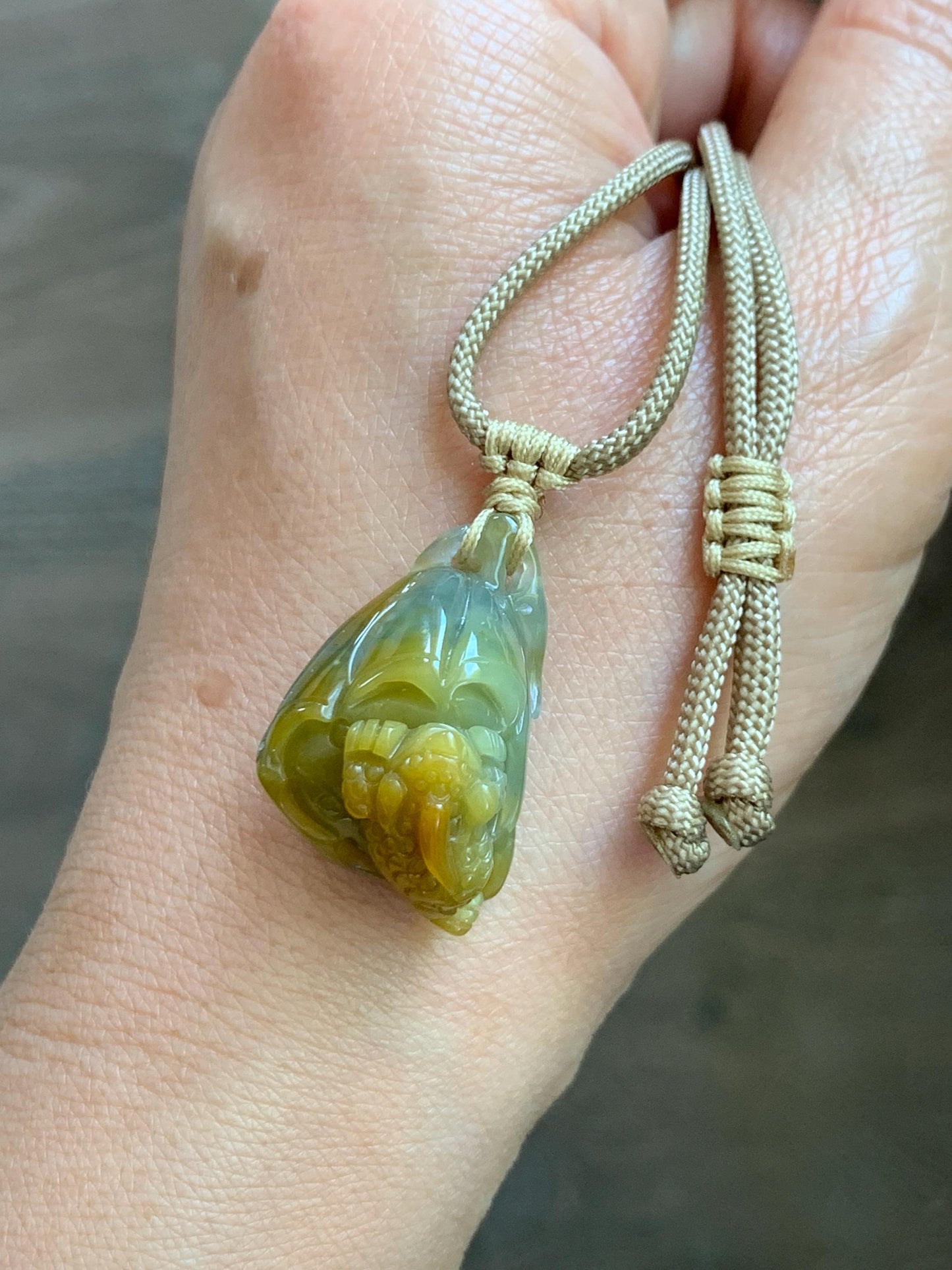 Natural Grade A Guatemalan Icy Translucent Yellow Marbled Jade Jadeite Lotus Pod 3-Legged Toad Pendant Rope Necklace 25” 天然冰危黄翡翠莲蓬金蟾吊坠WHC150
