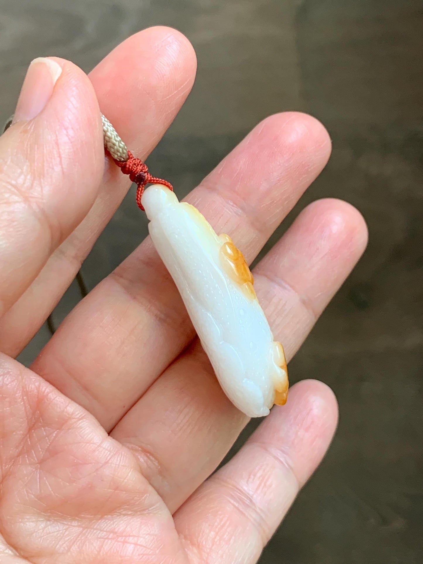 Natural Grade A Icy Translucent White Jadeite w/ Red Marbling Carved Cabbage Pendant Rope Necklace 24” 15g 天然细糯白冰飘红翡翠白菜百财吊坠 MBC320A