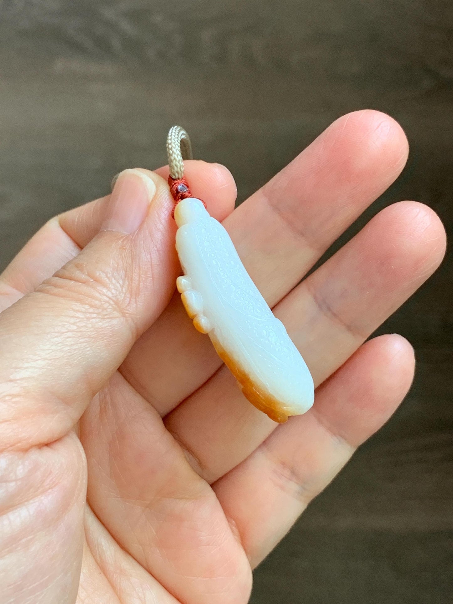 Natural Grade A Icy Translucent White Jadeite w/ Red Marbling Carved Cabbage Pendant Rope Necklace 24” 15g 天然细糯白冰飘红翡翠白菜百财吊坠 MBC320A