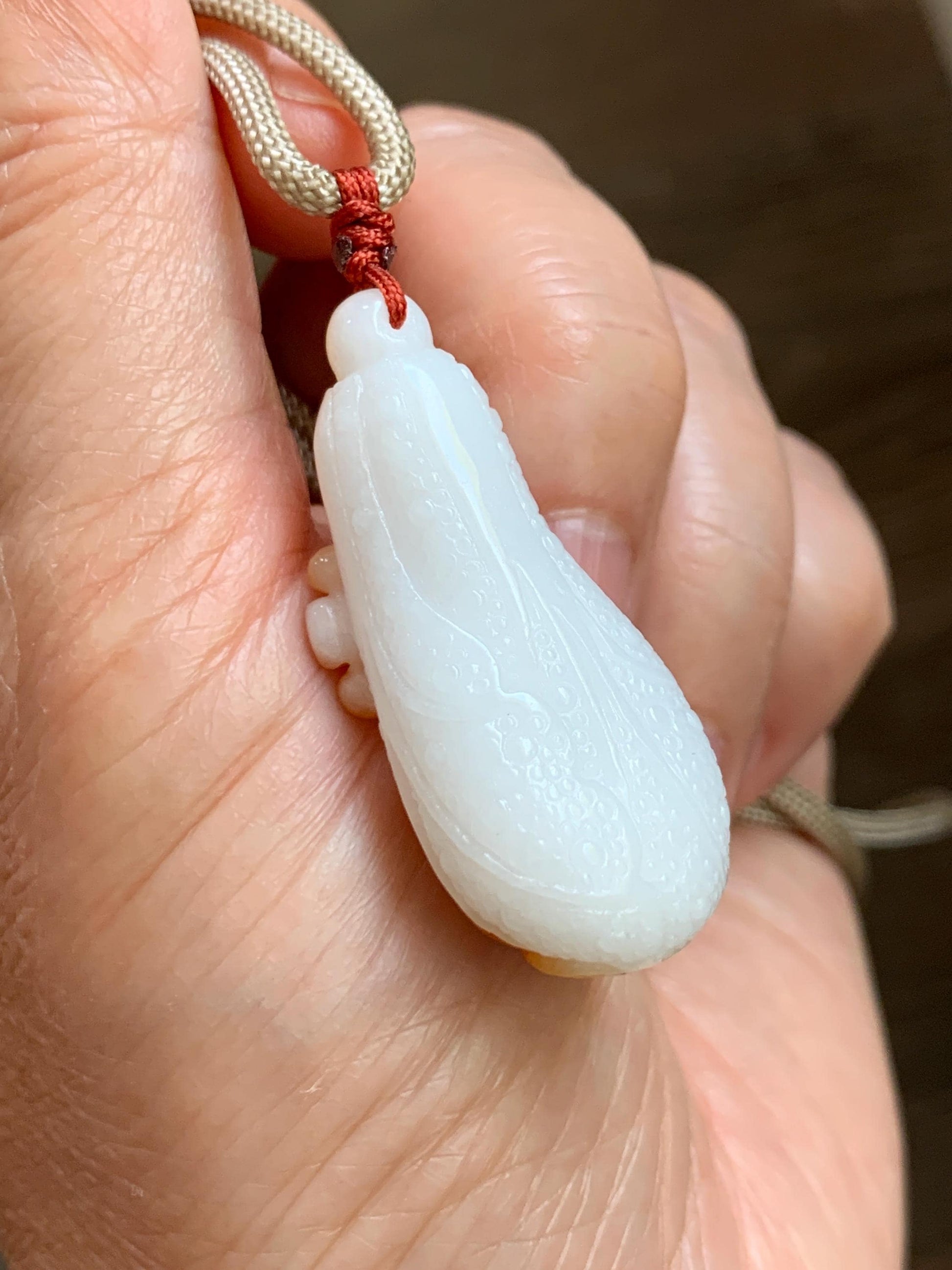 Natural Grade A Icy Translucent White Jadeite w/ Red Marbling Carved Cabbage Pendant Rope Necklace 24” 15g 天然细糯白冰飘红翡翠白菜百财吊坠 MBC320A