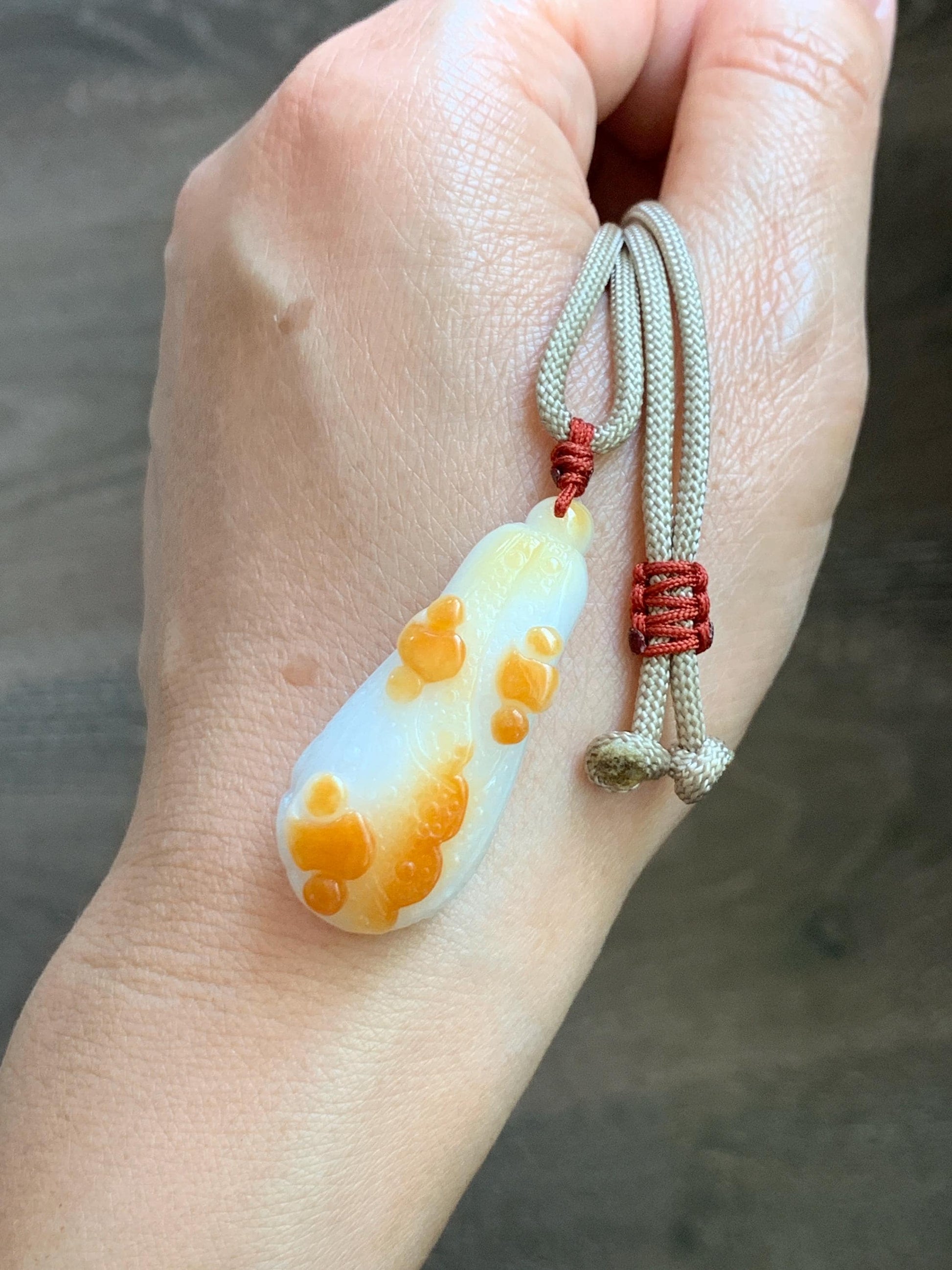 Natural Grade A Icy Translucent White Jadeite w/ Red Marbling Carved Cabbage Pendant Rope Necklace 24” 15g 天然细糯白冰飘红翡翠白菜百财吊坠 MBC320A