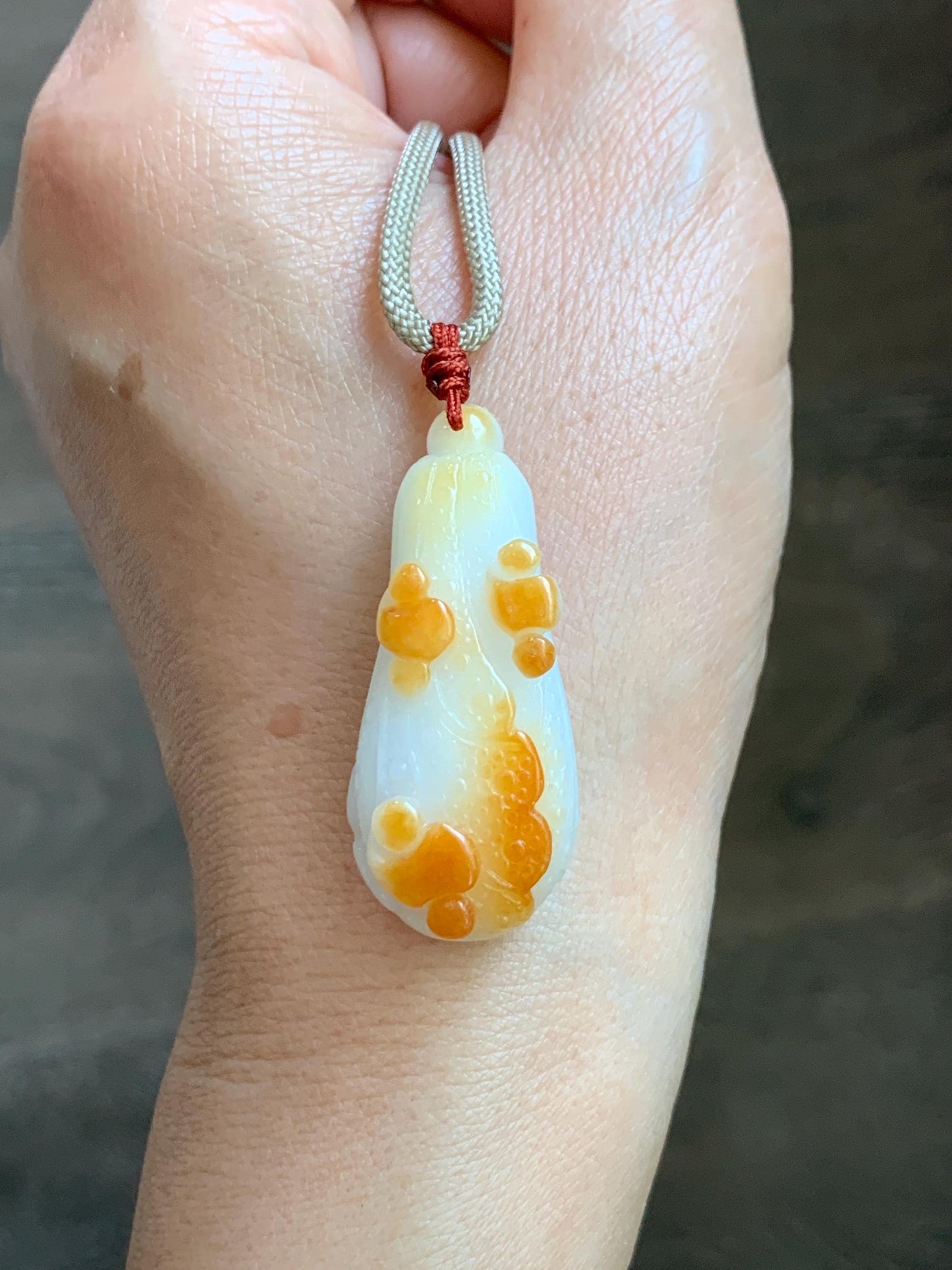 Natural Grade A Icy Translucent White Jadeite w/ Red Marbling Carved Cabbage Pendant Rope Necklace 24” 15g 天然细糯白冰飘红翡翠白菜百财吊坠 MBC320A