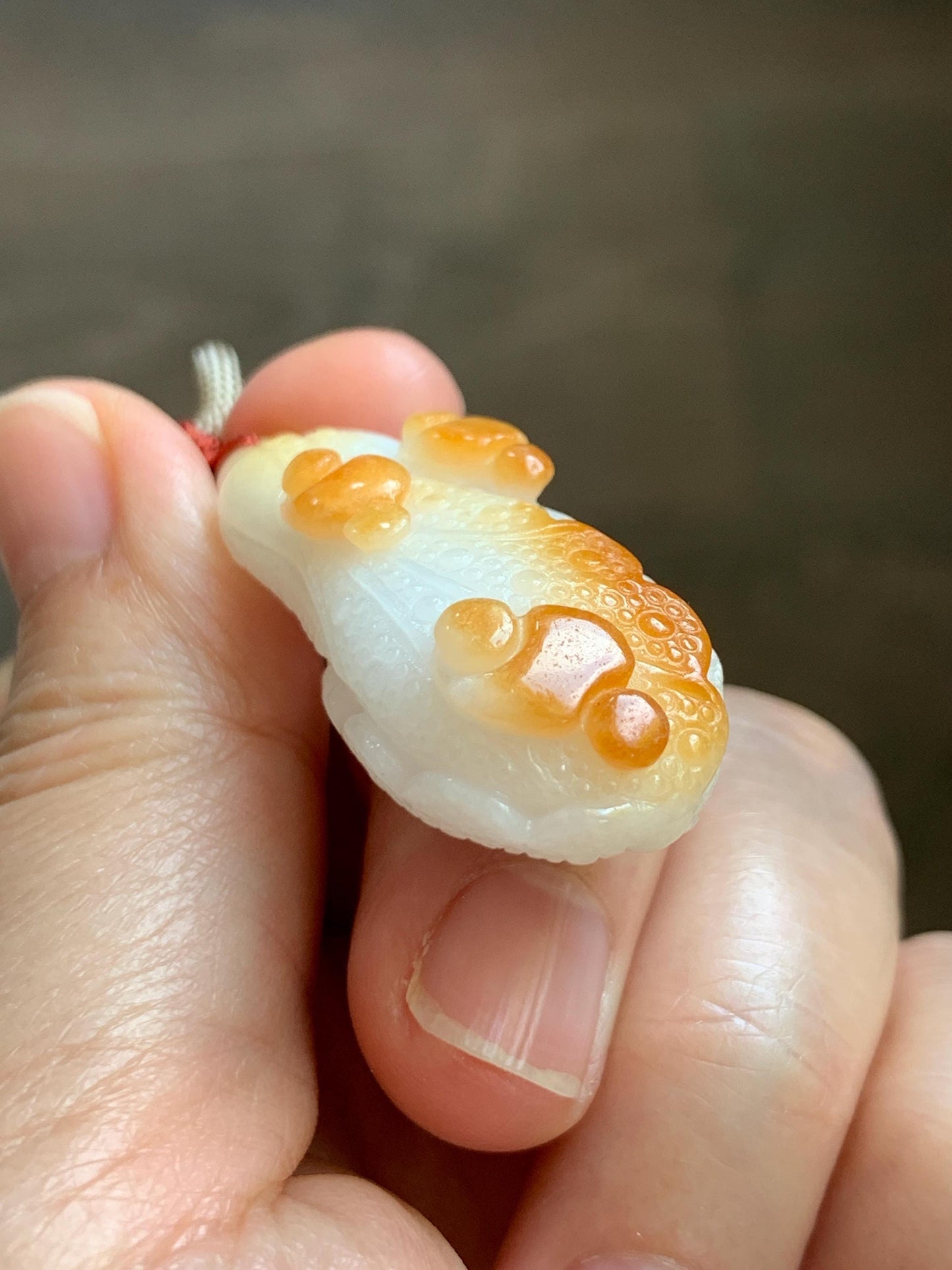 Natural Grade A Icy Translucent White Jadeite w/ Red Marbling Carved Cabbage Pendant Rope Necklace 24” 15g 天然细糯白冰飘红翡翠白菜百财吊坠 MBC320A