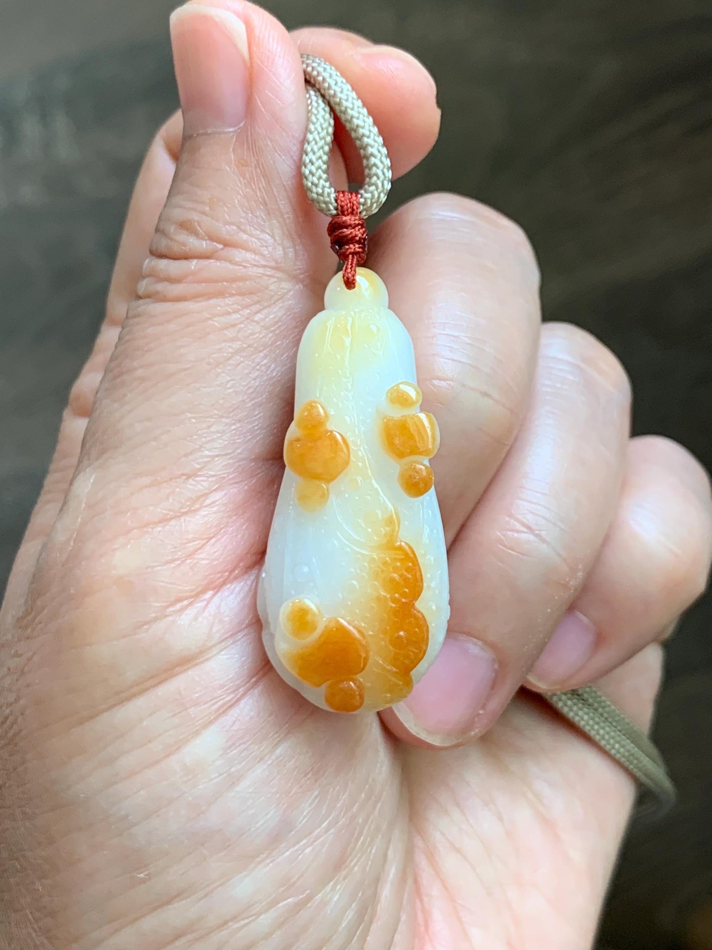 Natural Grade A Icy Translucent White Jadeite w/ Red Marbling Carved Cabbage Pendant Rope Necklace 24” 15g 天然细糯白冰飘红翡翠白菜百财吊坠 MBC320A