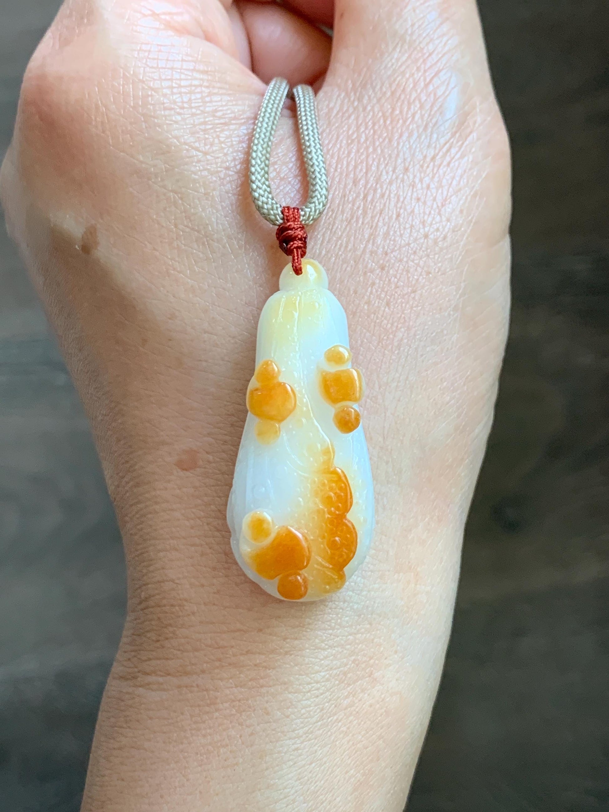 Natural Grade A Icy Translucent White Jadeite w/ Red Marbling Carved Cabbage Pendant Rope Necklace 24” 15g 天然细糯白冰飘红翡翠白菜百财吊坠 MBC320A