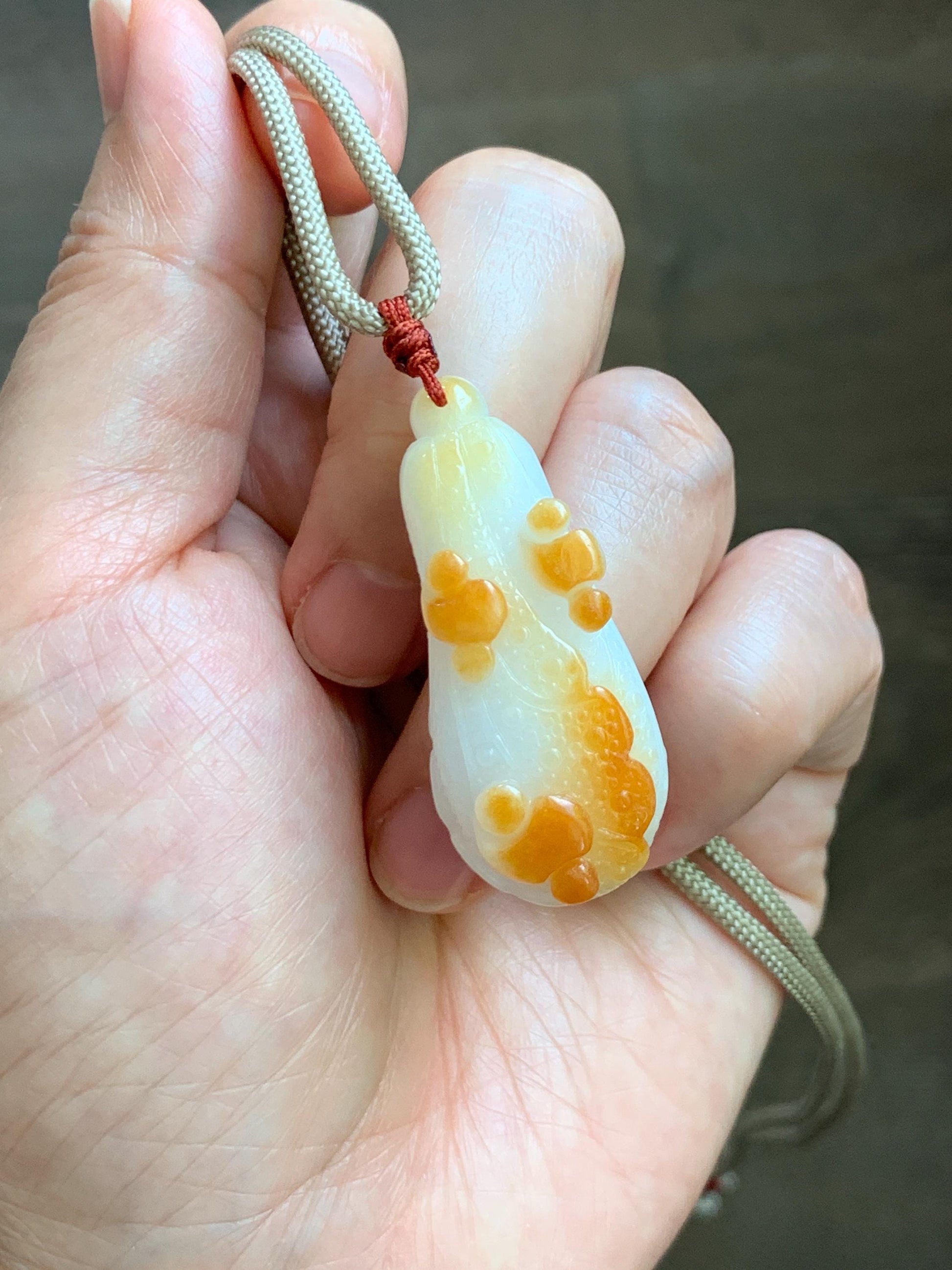 Natural Grade A Icy Translucent White Jadeite w/ Red Marbling Carved Cabbage Pendant Rope Necklace 24” 15g 天然细糯白冰飘红翡翠白菜百财吊坠 MBC320A