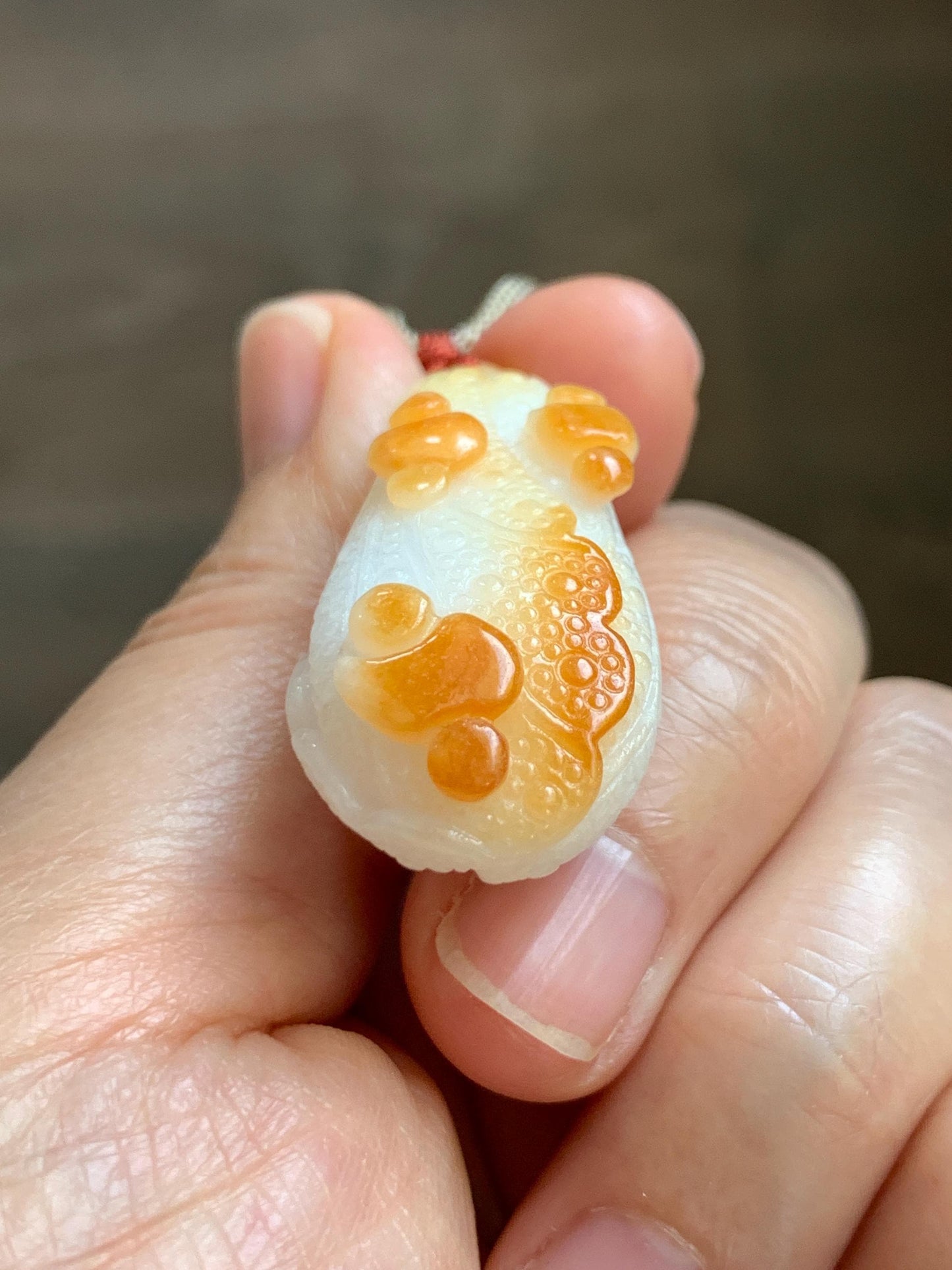 Natural Grade A Icy Translucent White Jadeite w/ Red Marbling Carved Cabbage Pendant Rope Necklace 24” 15g 天然细糯白冰飘红翡翠白菜百财吊坠 MBC320A