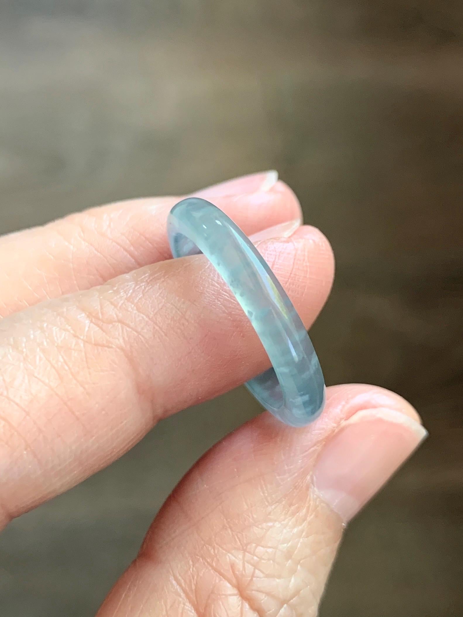 Natural Guatemalan Grade A Icy Translucent Light Teal Blue Jade Jadeite Band Ring Size 8.5 US 天然冰胶危蓝翡翠戒圈 WLJ560G