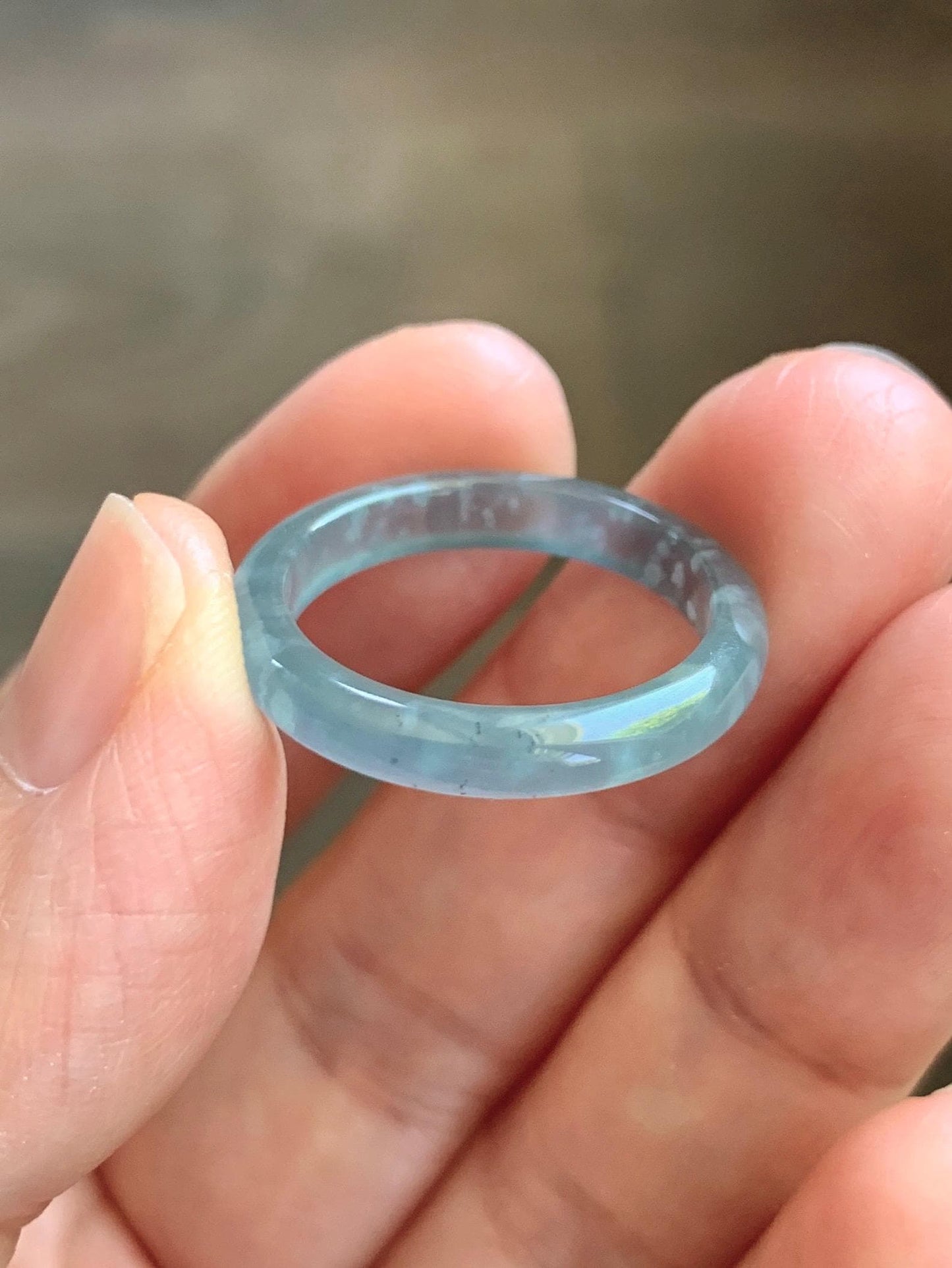 Natural Guatemalan Grade A Icy Translucent Light Teal Blue Jade Jadeite Band Ring Size 8.5 US 天然冰胶危蓝翡翠戒圈 WLJ560G
