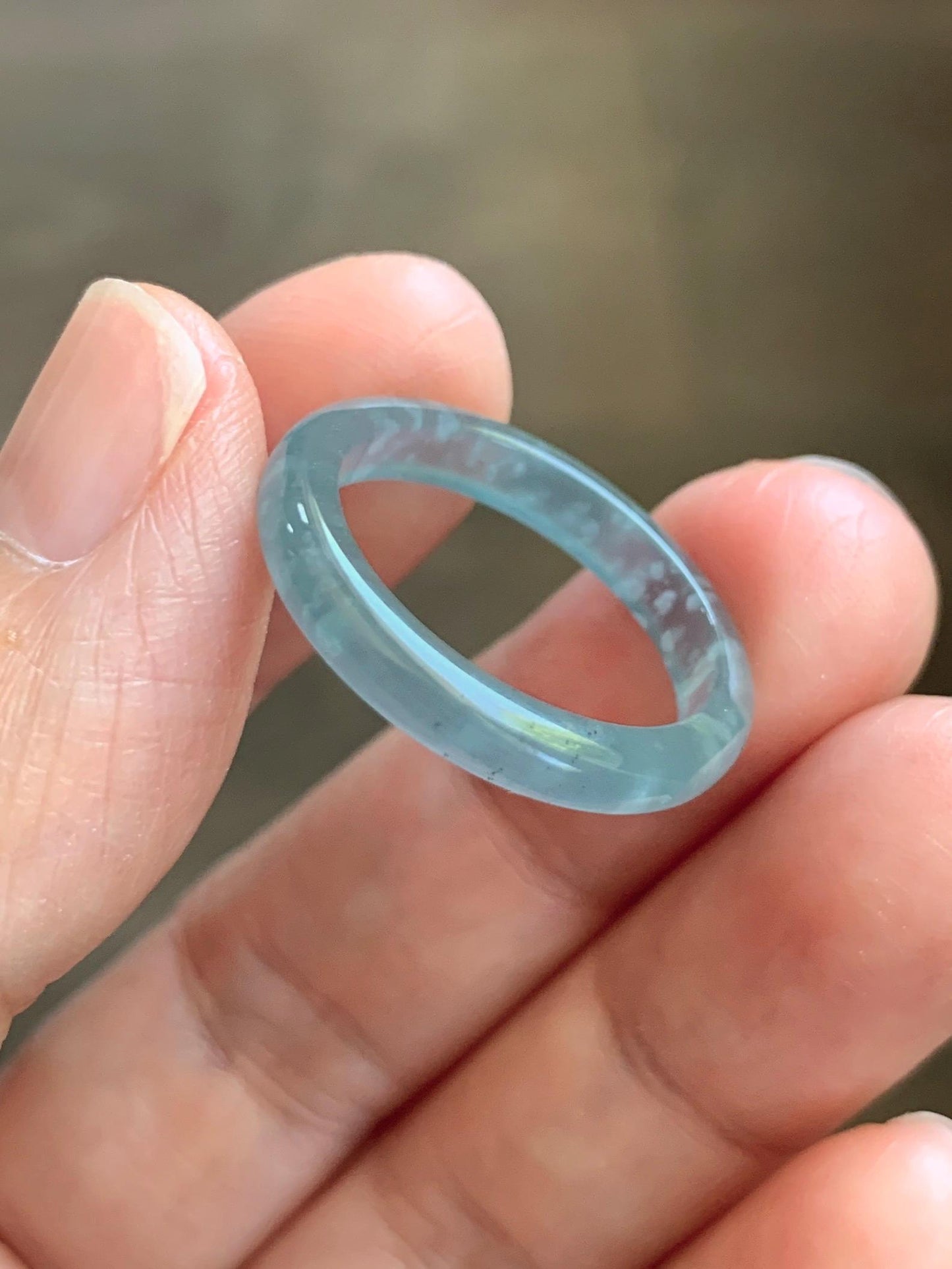 Natural Guatemalan Grade A Icy Translucent Light Teal Blue Jade Jadeite Band Ring Size 8.5 US 天然冰胶危蓝翡翠戒圈 WLJ560G