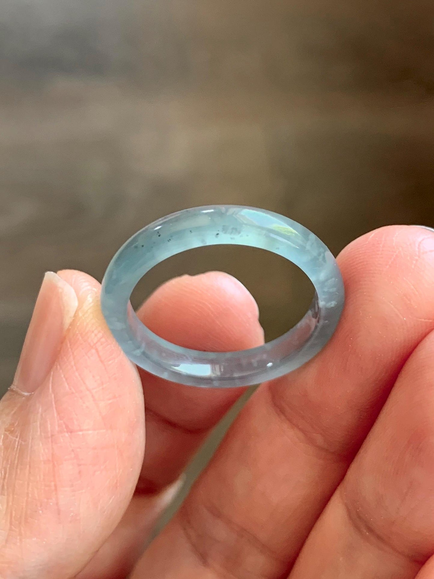 Natural Guatemalan Grade A Icy Translucent Light Teal Blue Jade Jadeite Band Ring Size 8.5 US 天然冰胶危蓝翡翠戒圈 WLJ560G