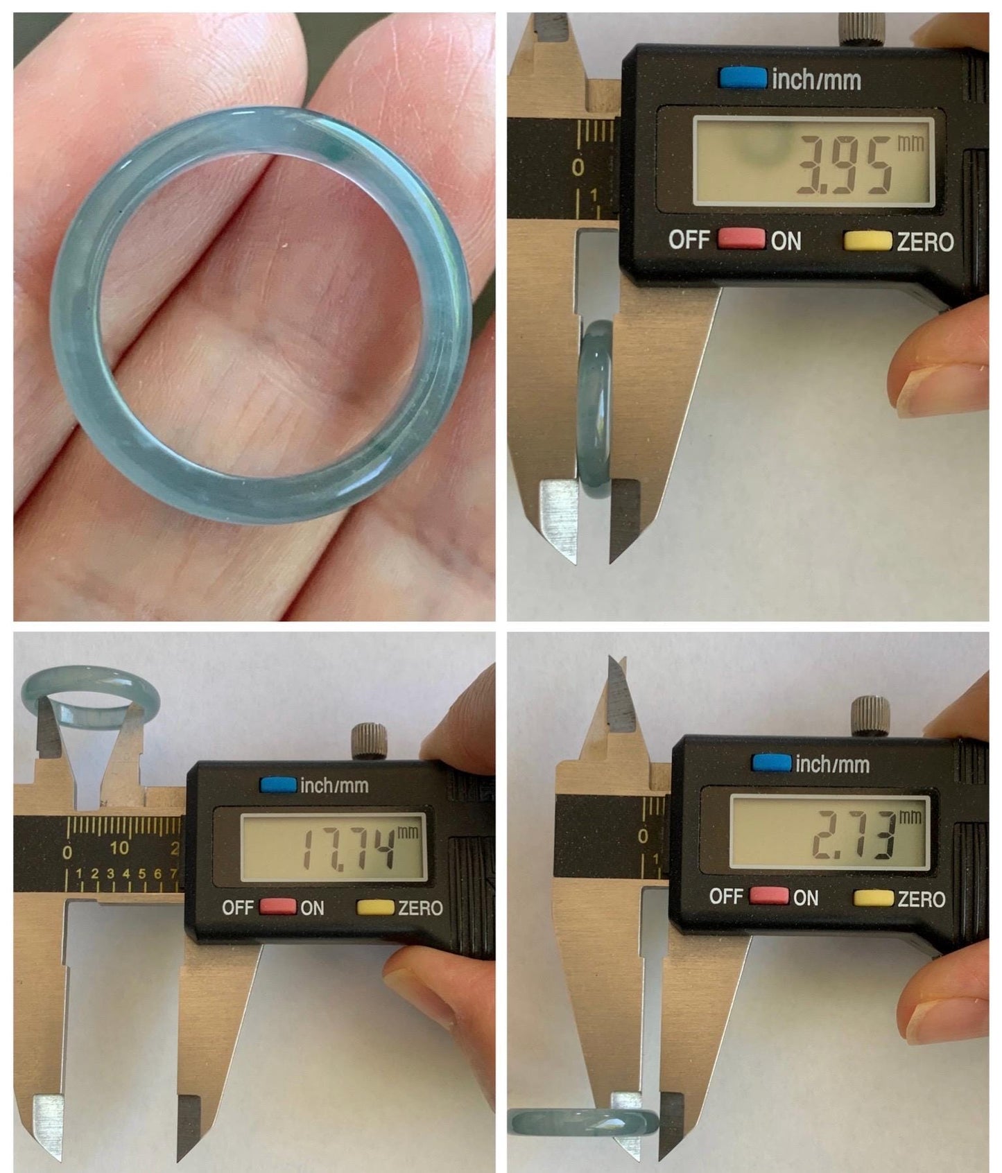 Natural Guatemalan Grade A Icy Translucent Light Teal Blue Green Marbled Jade Jadeite Band Ring Size 7.25 US 天然冰胶危蓝飘绿花翡翠戒圈 WLJ560F