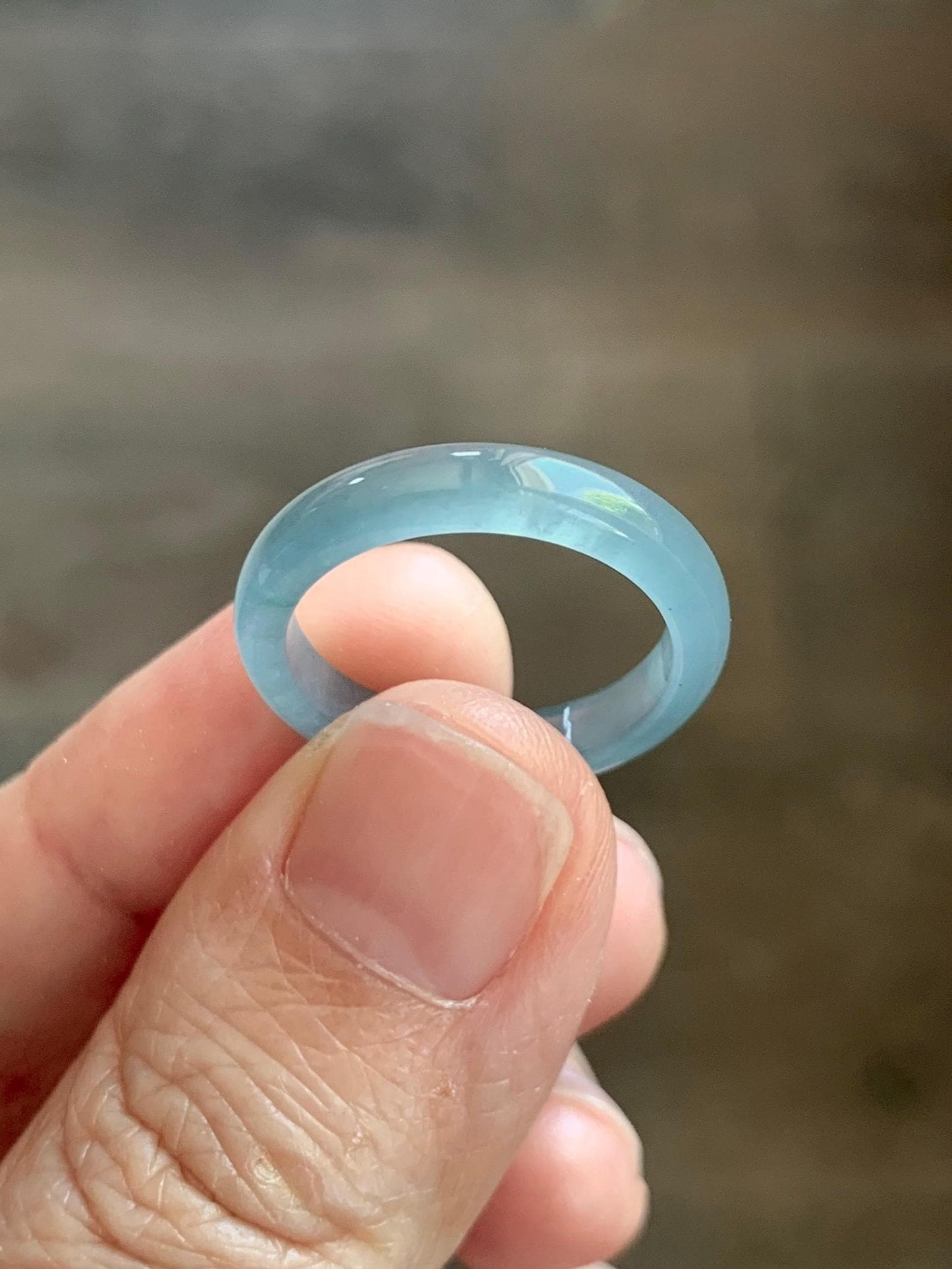 Natural Guatemalan Grade A Icy Translucent Light Teal Blue Green Marbled Jade Jadeite Band Ring Size 7.25 US 天然冰胶危蓝飘绿花翡翠戒圈 WLJ560F