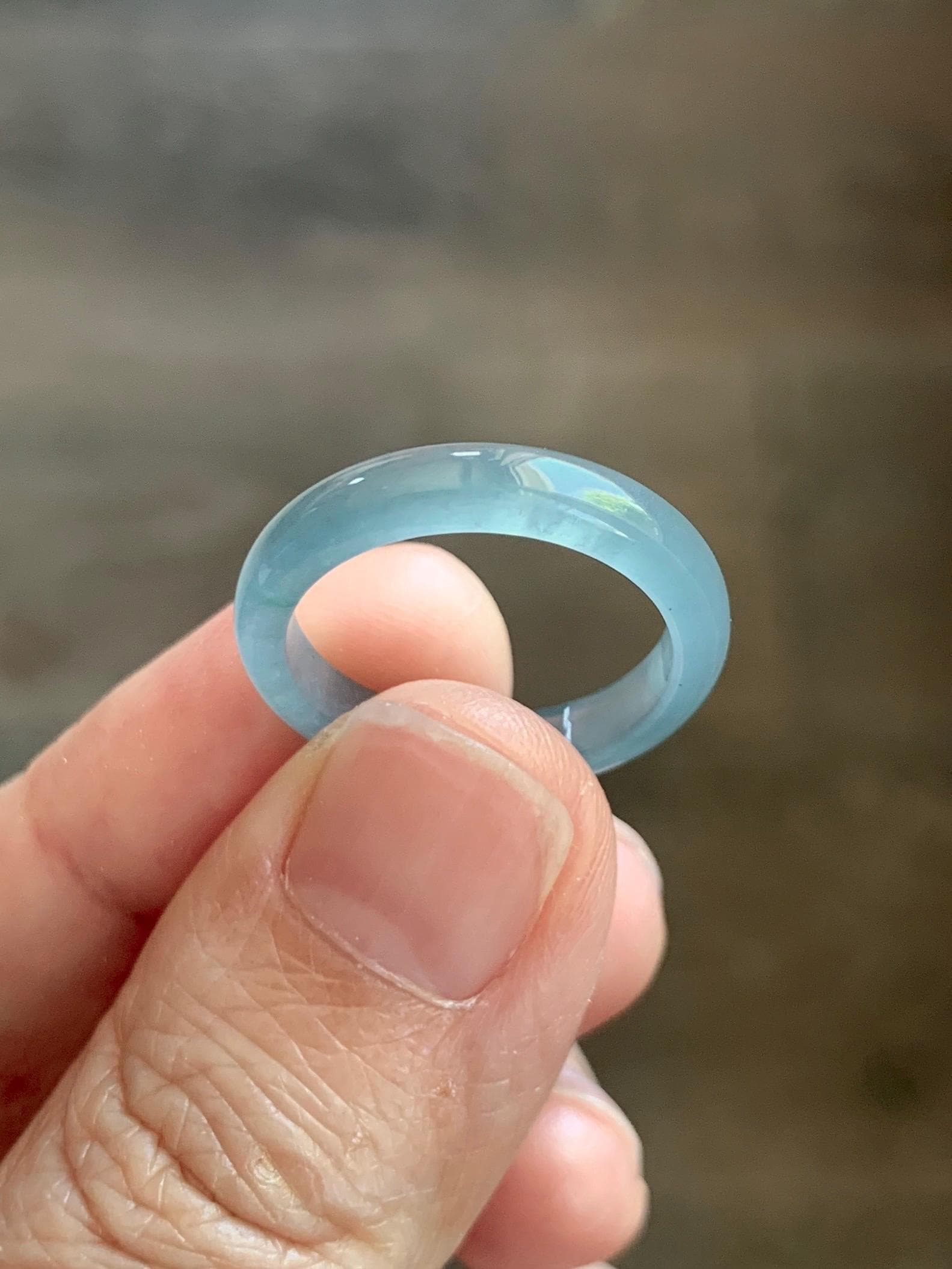 Natural Guatemalan Grade A Icy Translucent Light Teal Blue Green Marbled Jade Jadeite Band Ring Size 7.25 US 天然冰胶危蓝飘绿花翡翠戒圈 WLJ560F