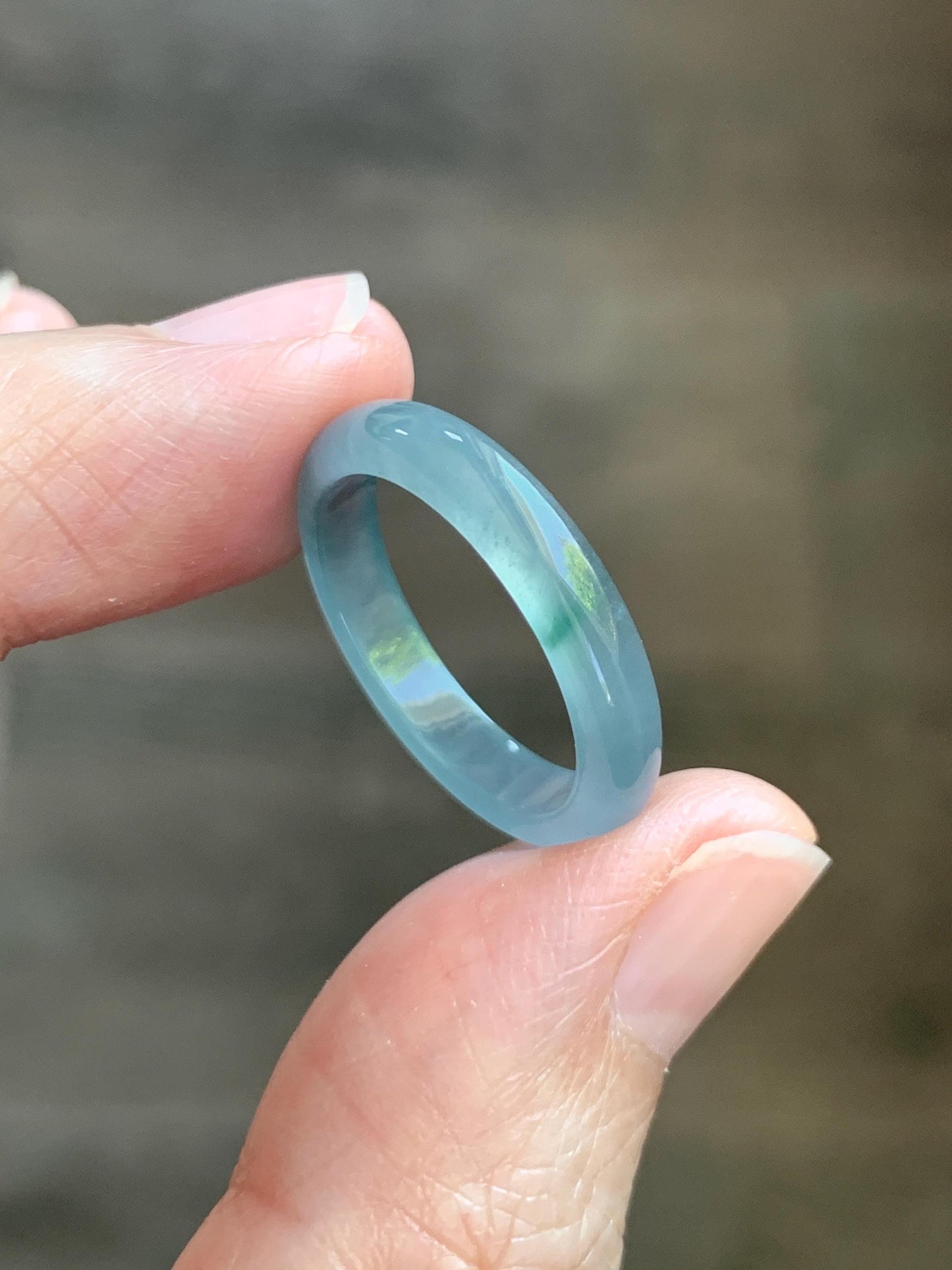 Natural Guatemalan Grade A Icy Translucent Light Teal Blue Green Marbled Jade Jadeite Band Ring Size 7.25 US 天然冰胶危蓝飘绿花翡翠戒圈 WLJ560F