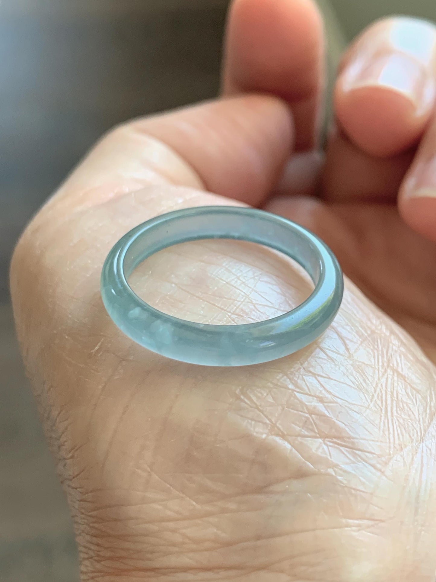 Natural Guatemalan Grade A Icy Highly Translucent Light Teal Blue Jade Jadeite Band Ring Size 9.25 US 天然冰胶危蓝翡翠戒圈 WLJ560E