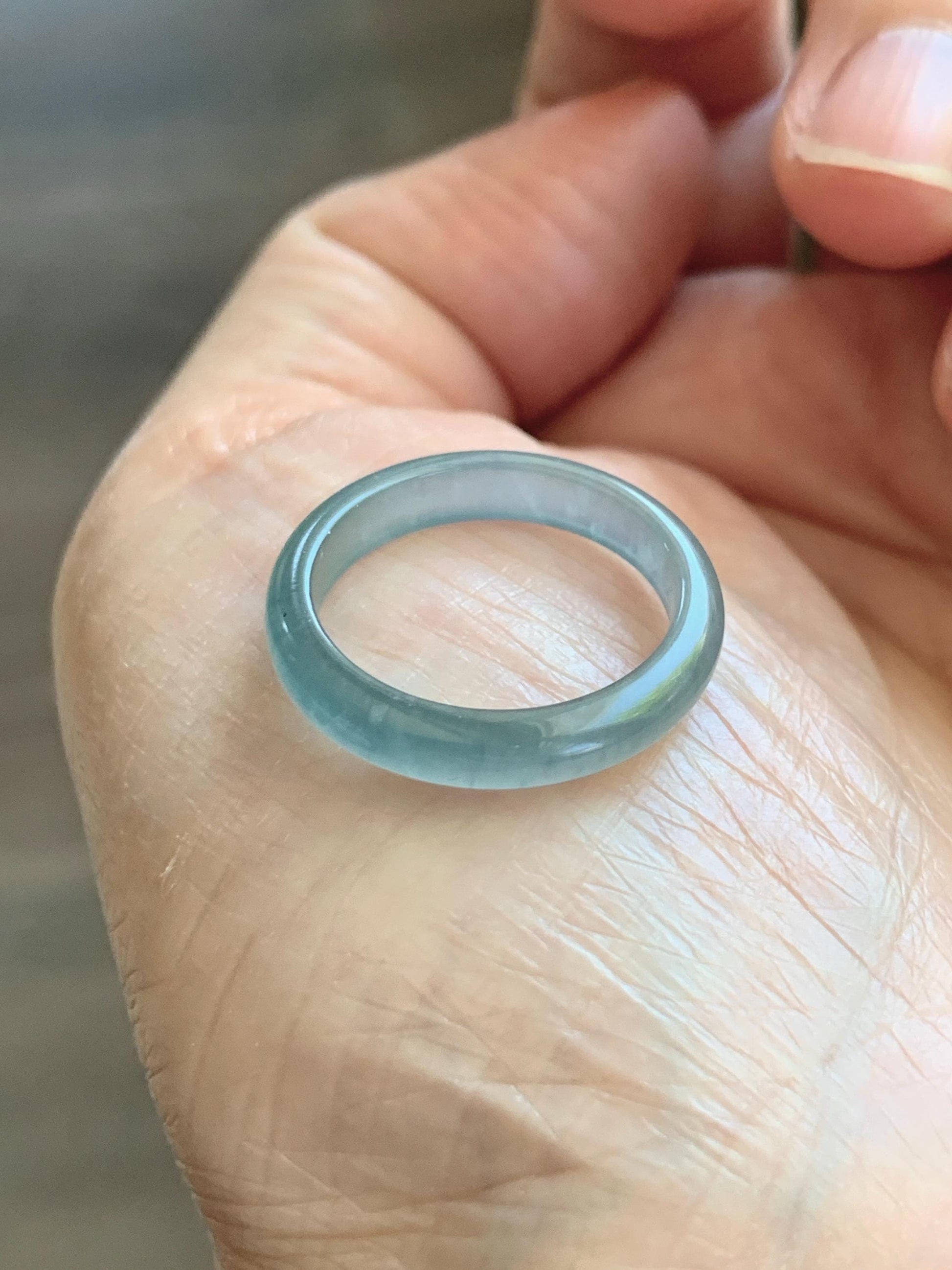 Natural Guatemalan Grade A Icy Highly Translucent Teal Blue Jade Jadeite Band Ring Size 7.5 US 天然冰胶危蓝翡翠戒圈 WLJ560D