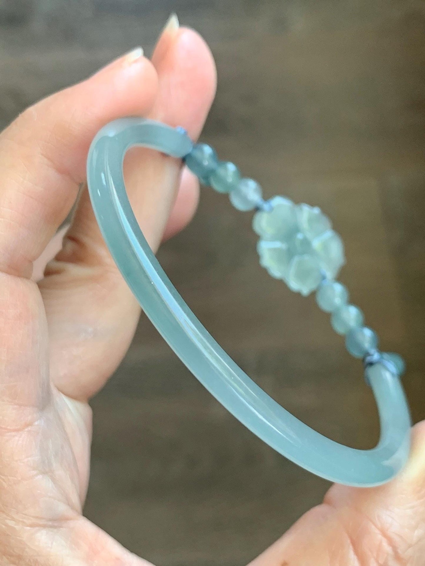 Certified Natural Grade A Guatemalan Icy Translucent Pastel Teal Jade Jadeite Open Bangle Lotus Flower Bracelet 60.17mm 天然冰胶危深篮翡翠莲花开口手镯 1201