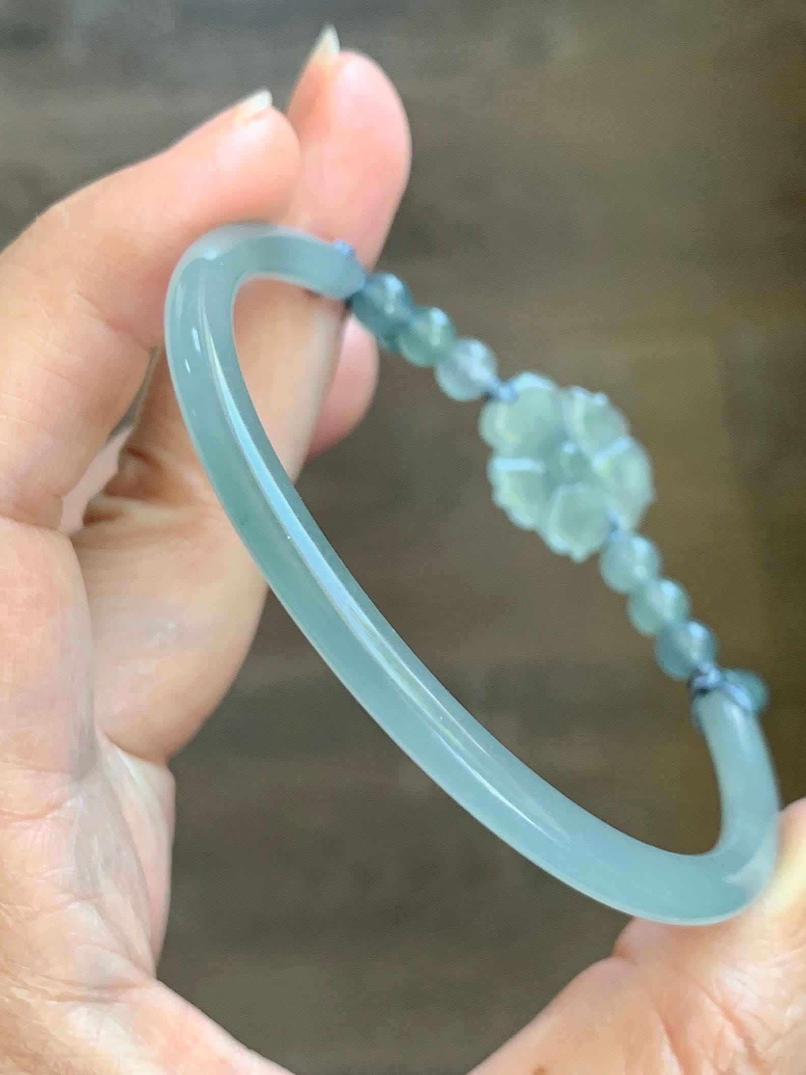 Certified Natural Grade A Guatemalan Icy Translucent Pastel Teal Jade Jadeite Open Bangle Lotus Flower Bracelet 60.17mm 天然冰胶危深篮翡翠莲花开口手镯 1201