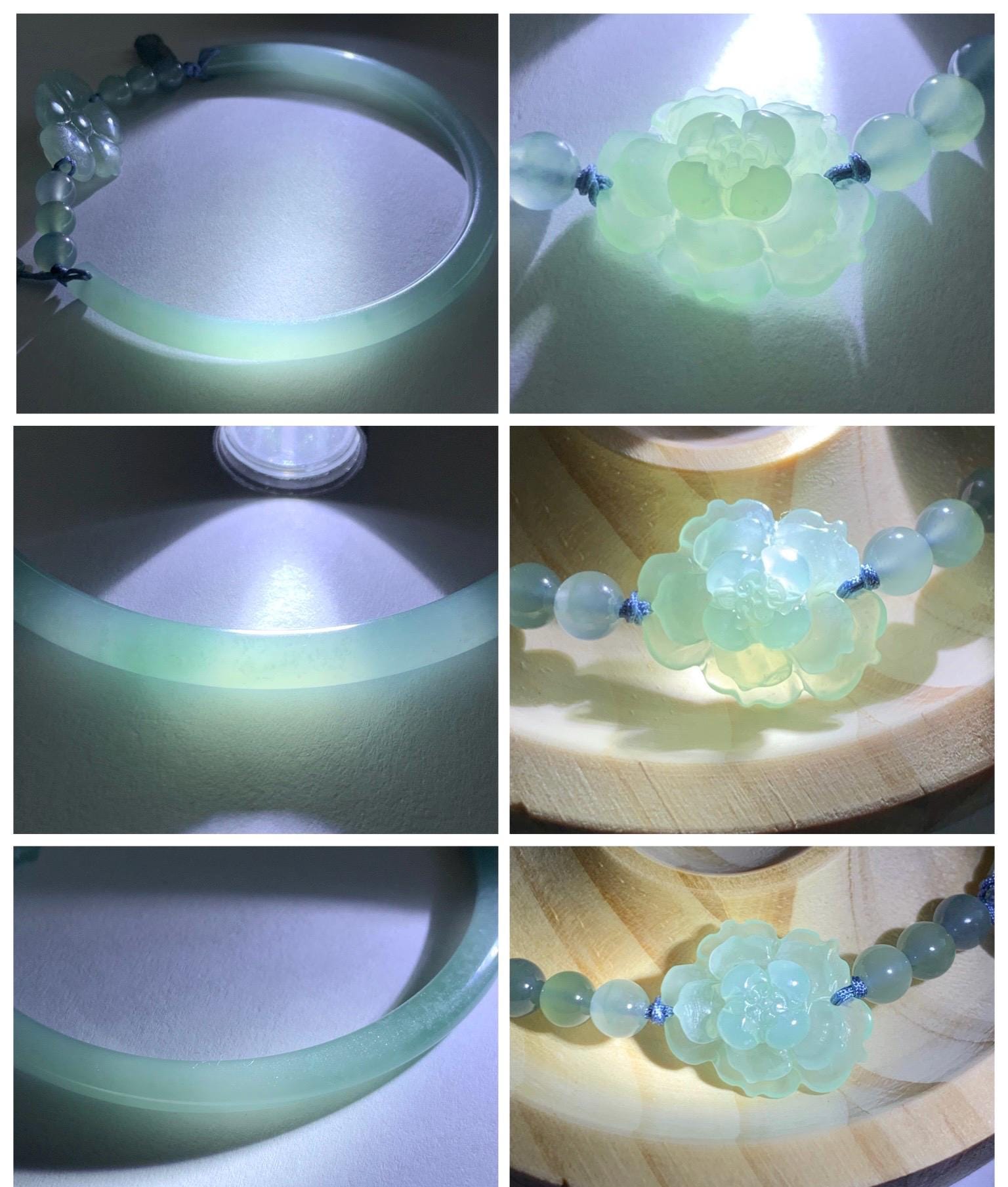 Certified Natural Grade A Guatemalan Icy Translucent Pastel Teal Jade Jadeite Open Bangle Lotus Flower Bracelet 60.17mm 天然冰胶危深篮翡翠莲花开口手镯 1201