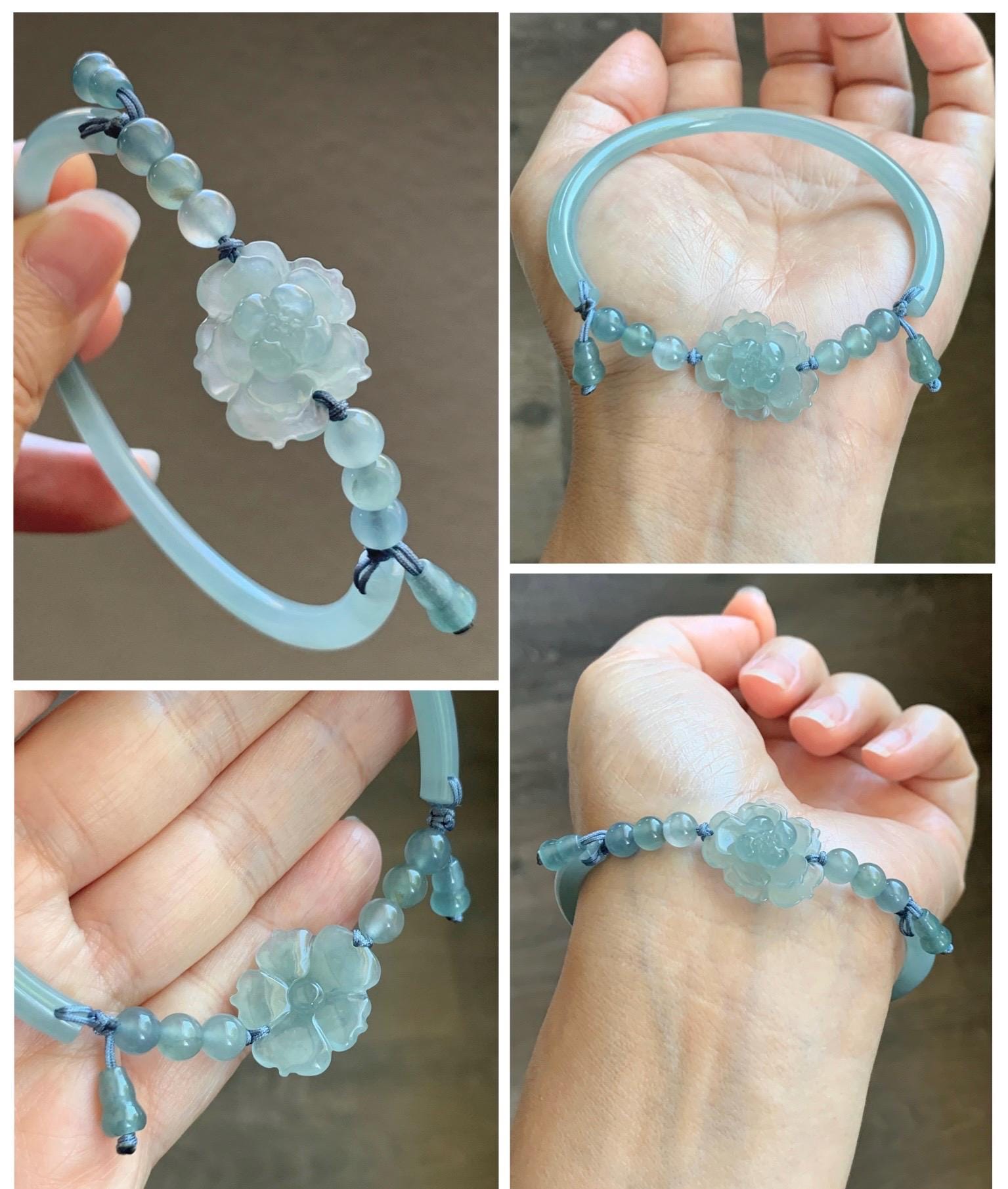 Certified Natural Grade A Guatemalan Icy Translucent Pastel Teal Jade Jadeite Open Bangle Lotus Flower Bracelet 60.17mm 天然冰胶危深篮翡翠莲花开口手镯 1201