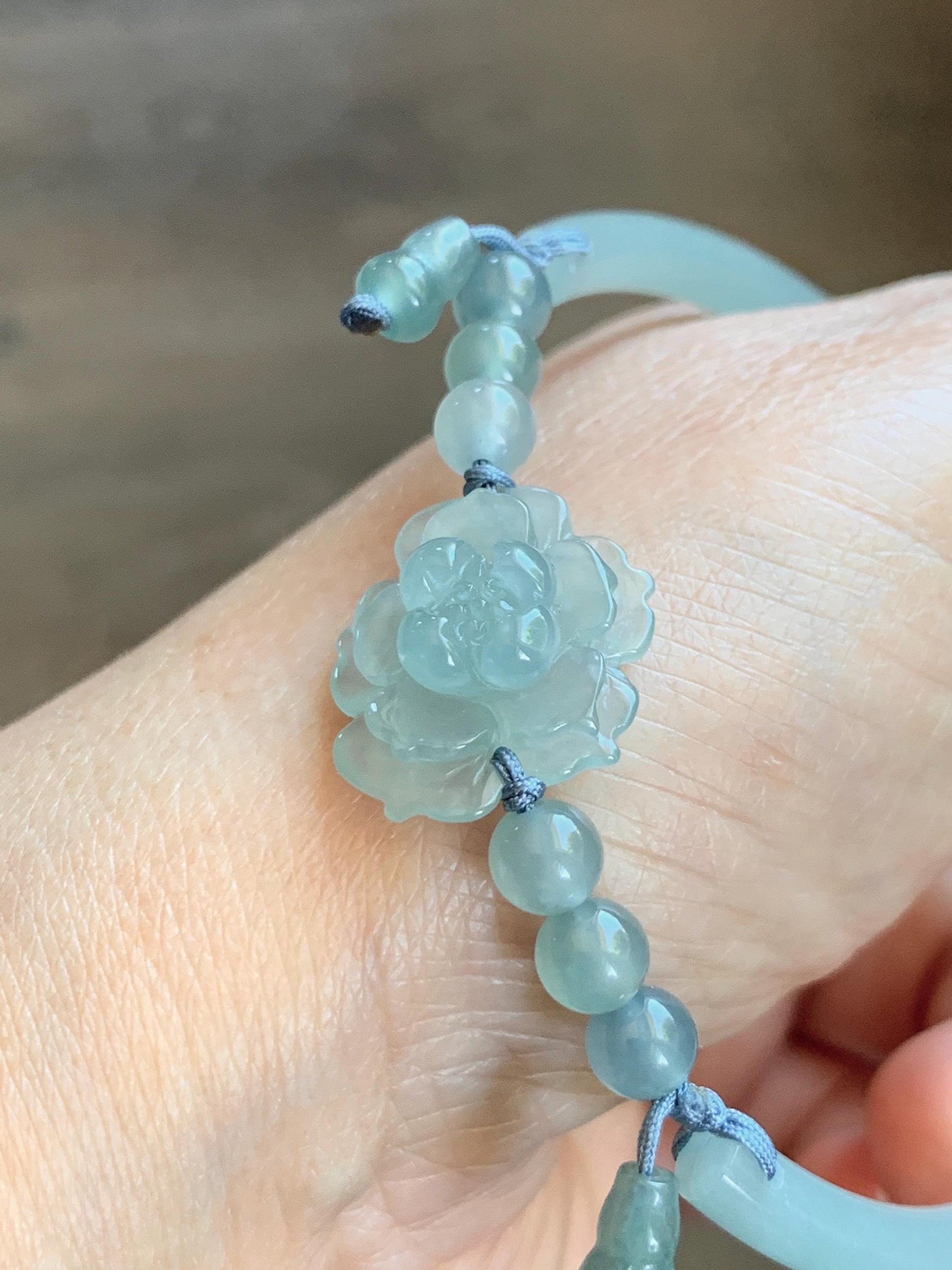 Certified Natural Grade A Guatemalan Icy Translucent Pastel Teal Jade Jadeite Open Bangle Lotus Flower Bracelet 60.17mm 天然冰胶危深篮翡翠莲花开口手镯 1201