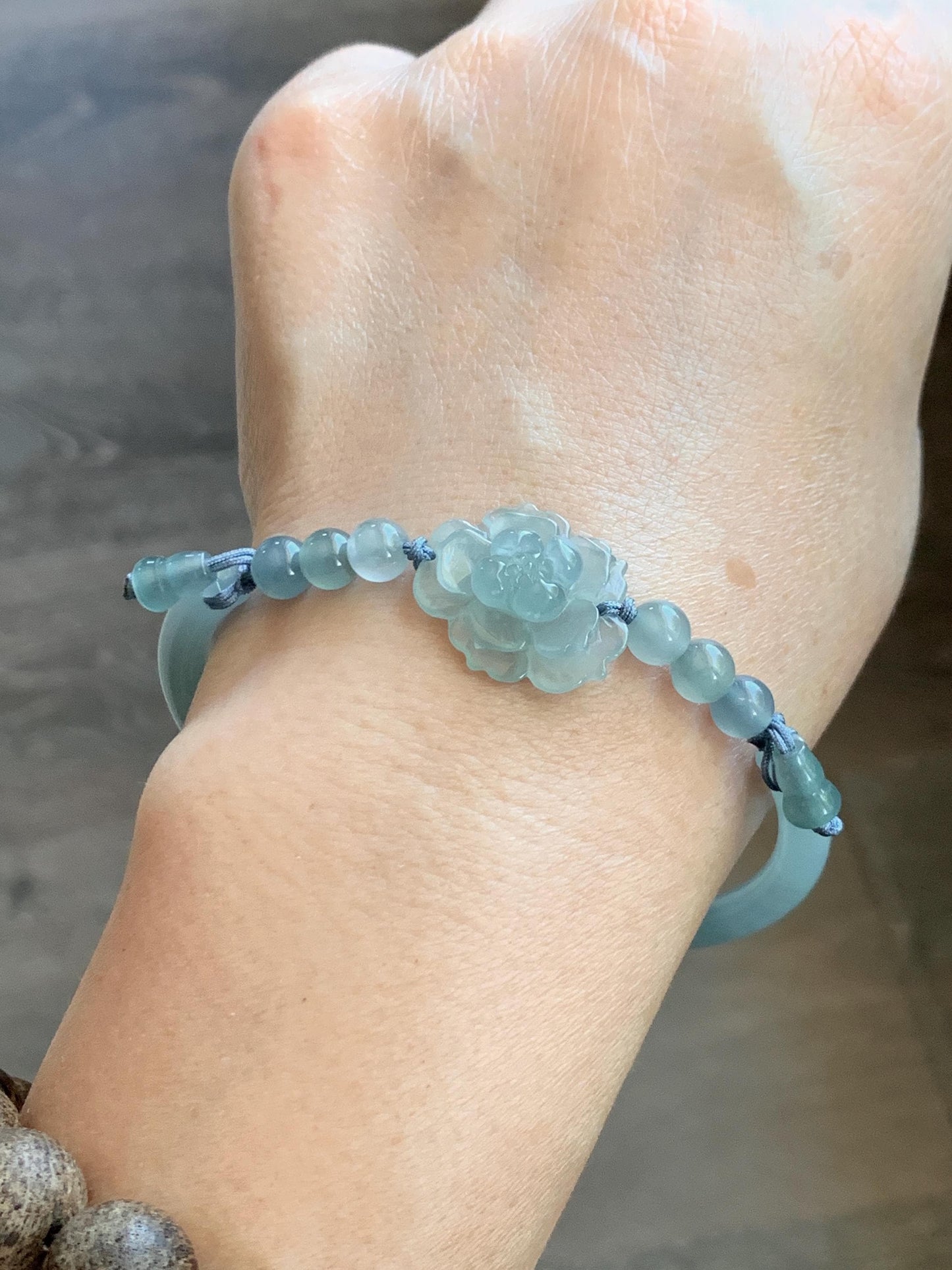 Certified Natural Grade A Guatemalan Icy Translucent Pastel Teal Jade Jadeite Open Bangle Lotus Flower Bracelet 60.17mm 天然冰胶危深篮翡翠莲花开口手镯 1201