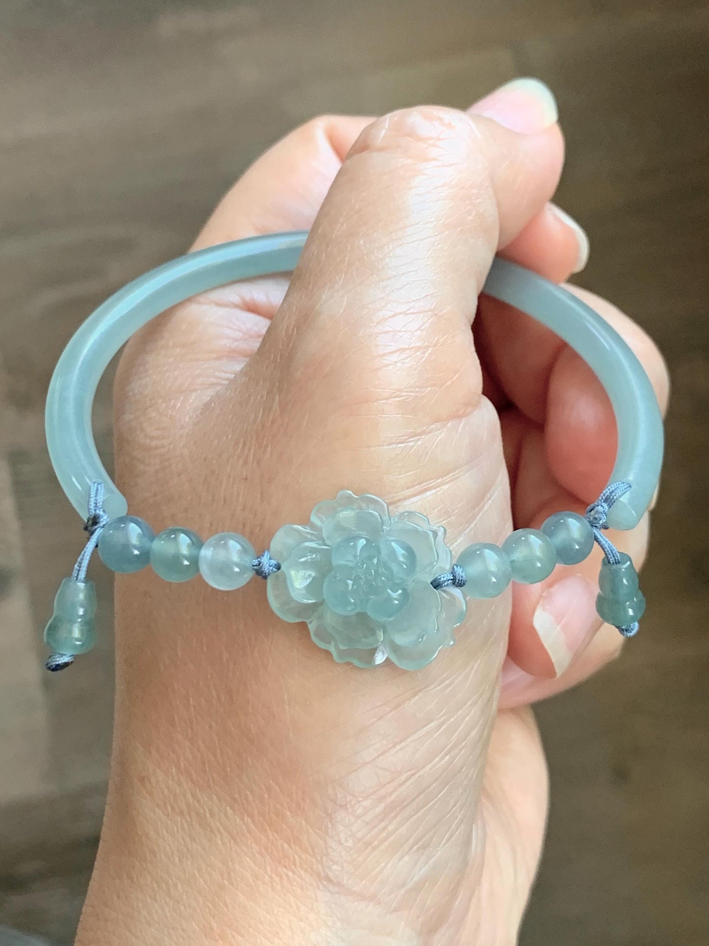 Certified Natural Grade A Guatemalan Icy Translucent Pastel Teal Jade Jadeite Open Bangle Lotus Flower Bracelet 60.17mm 天然冰胶危深篮翡翠莲花开口手镯 1201