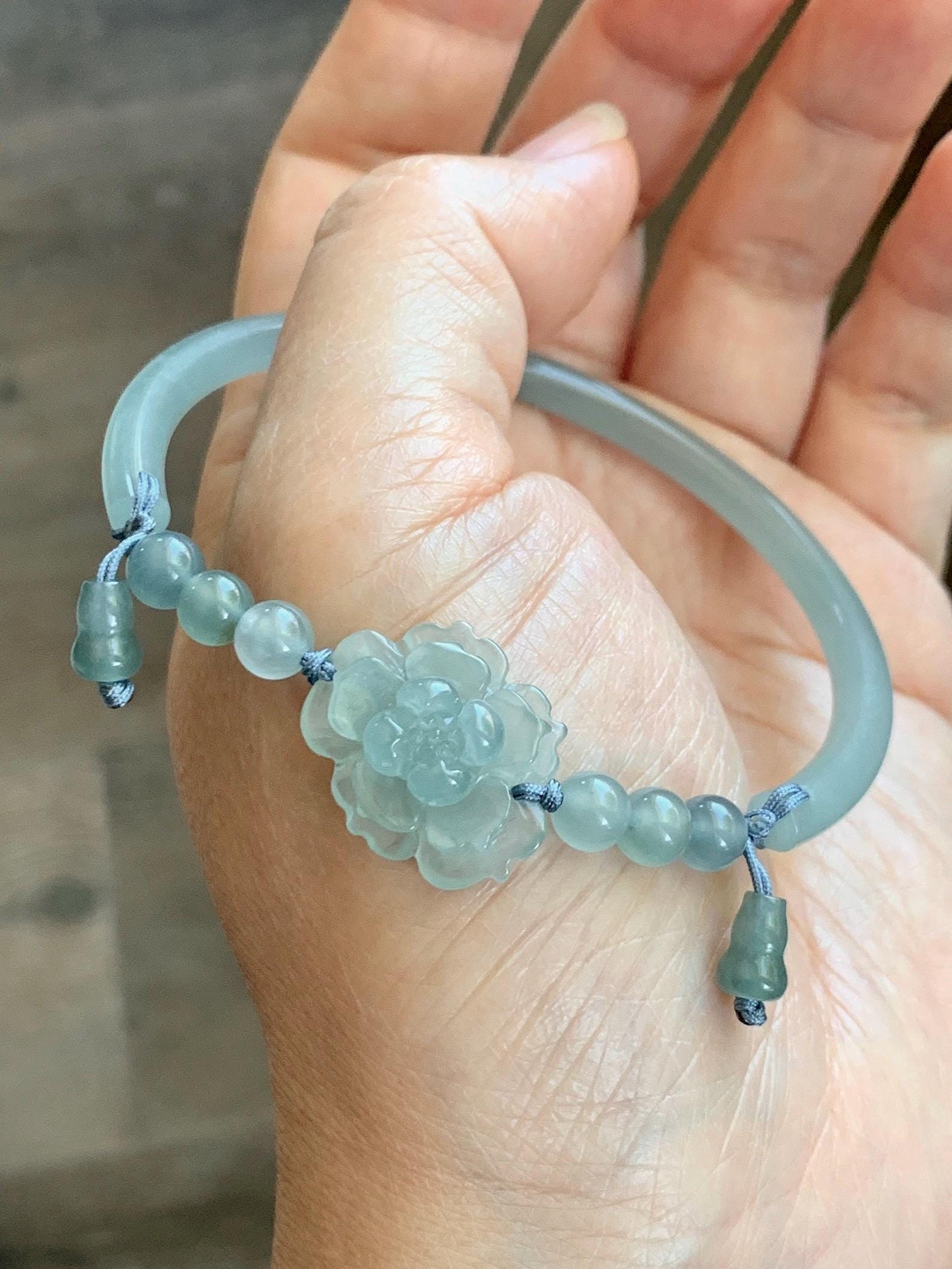 Certified Natural Grade A Guatemalan Icy Translucent Pastel Teal Jade Jadeite Open Bangle Lotus Flower Bracelet 60.17mm 天然冰胶危深篮翡翠莲花开口手镯 1201