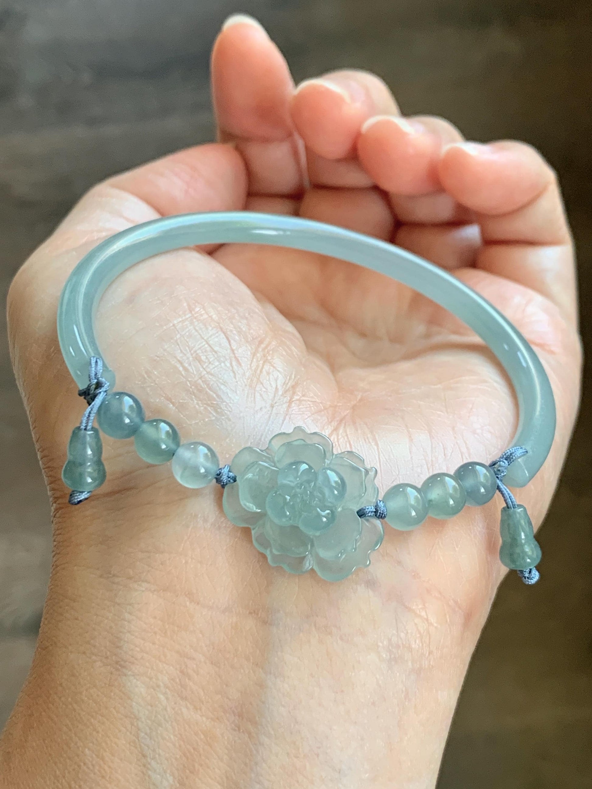 Certified Natural Grade A Guatemalan Icy Translucent Pastel Teal Jade Jadeite Open Bangle Lotus Flower Bracelet 60.17mm 天然冰胶危深篮翡翠莲花开口手镯 1201