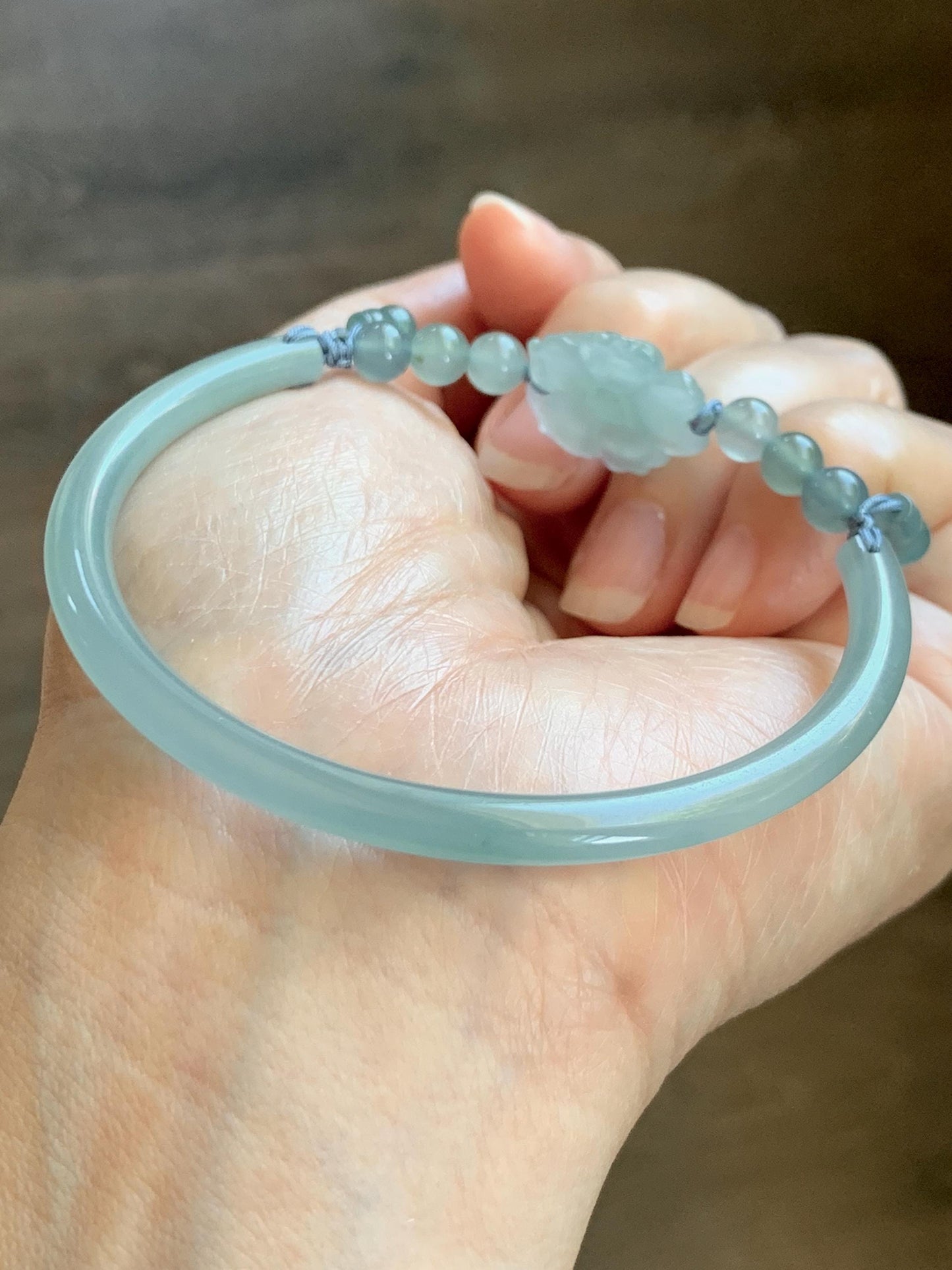 Certified Natural Grade A Guatemalan Icy Translucent Pastel Teal Jade Jadeite Open Bangle Lotus Flower Bracelet 60.17mm 天然冰胶危深篮翡翠莲花开口手镯 1201
