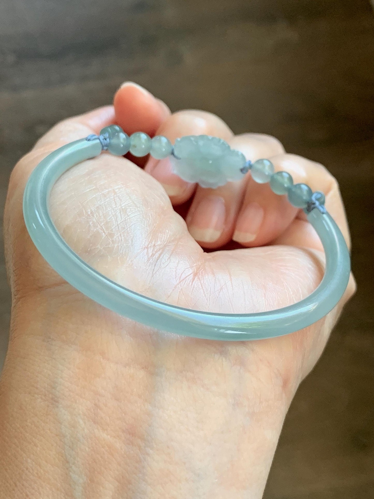 Certified Natural Grade A Guatemalan Icy Translucent Pastel Teal Jade Jadeite Open Bangle Lotus Flower Bracelet 60.17mm 天然冰胶危深篮翡翠莲花开口手镯 1201