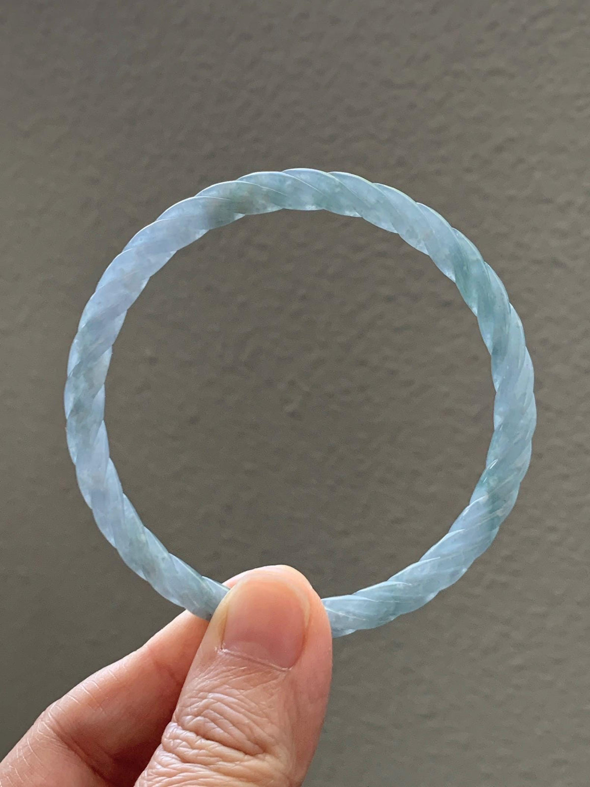 Certified Natural Grade A Guatemalan Icy Translucent Pastel Dusty Blue Jade Jadeite Carved Braid Slim Bangle 58.6mm 7.25” 天然冰危浅灰蓝翡翠细麻花手镯 195